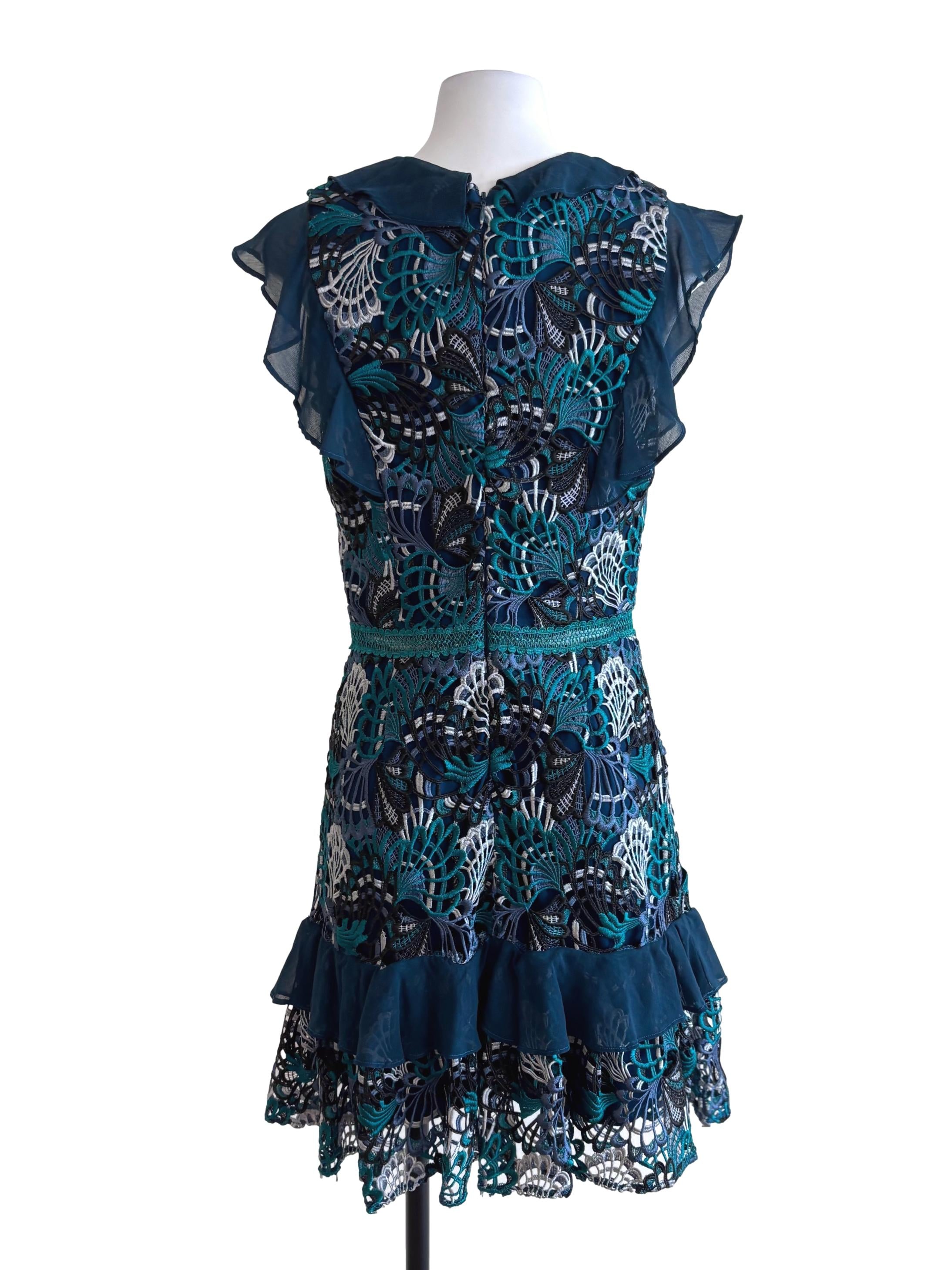 Teal Blue Green Embroidery Ruffle Sleeve Dress