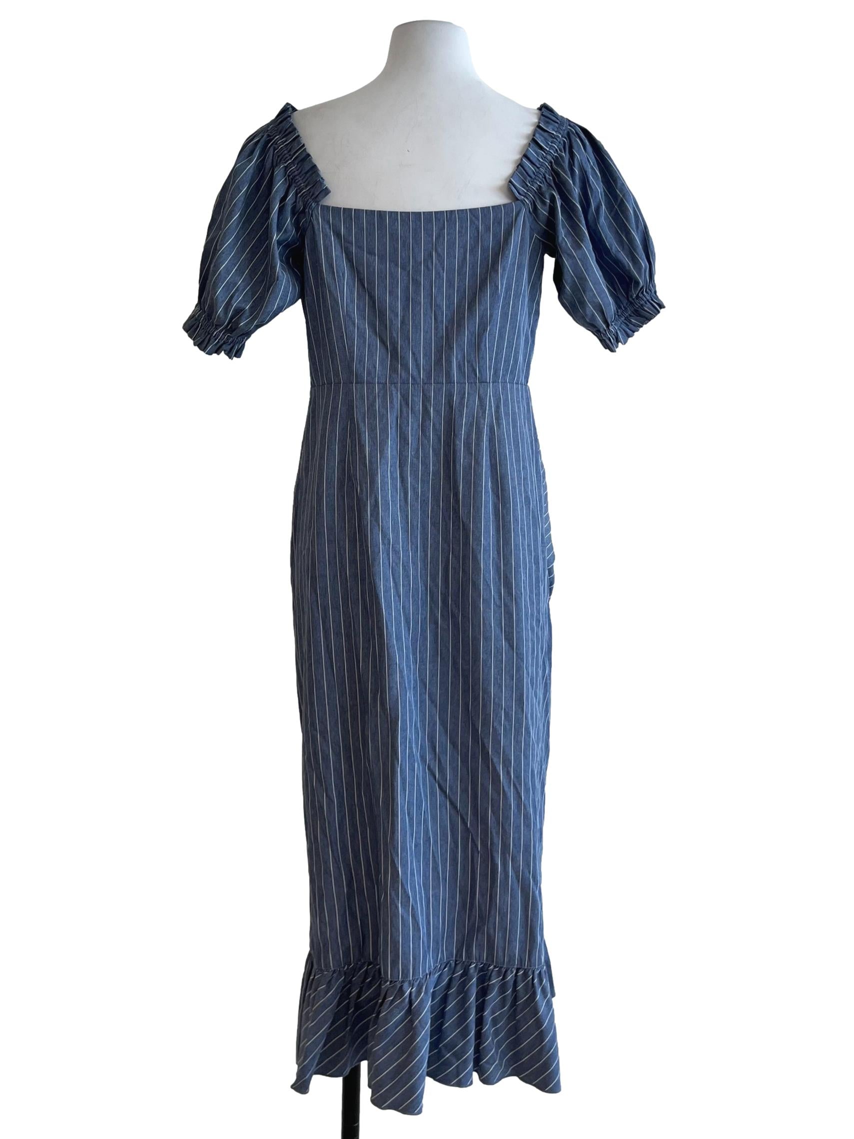 Blue Pencil Stripe Ruffle Dress