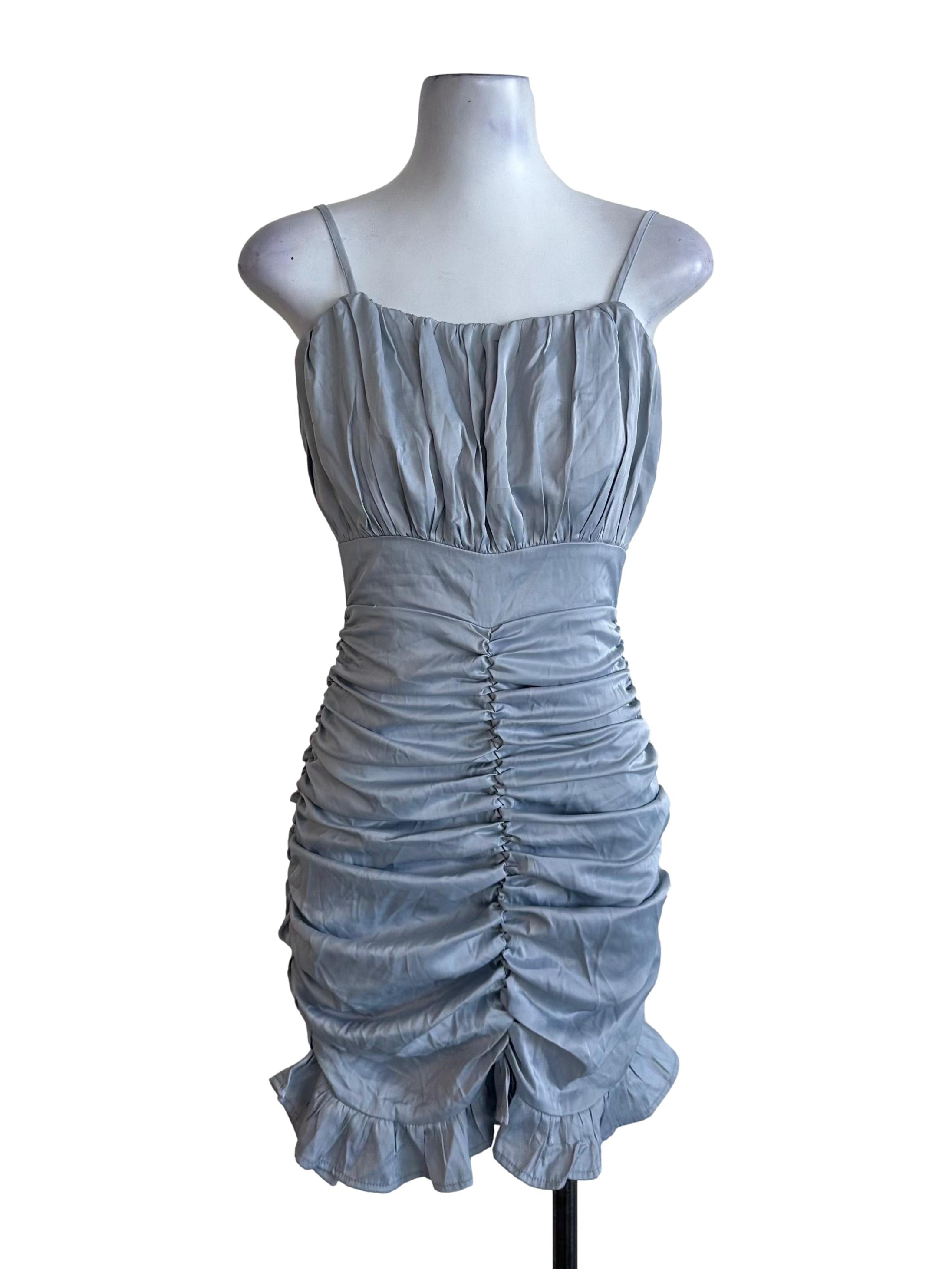 Silver Blue Ruched Drape Ruffle Dress
