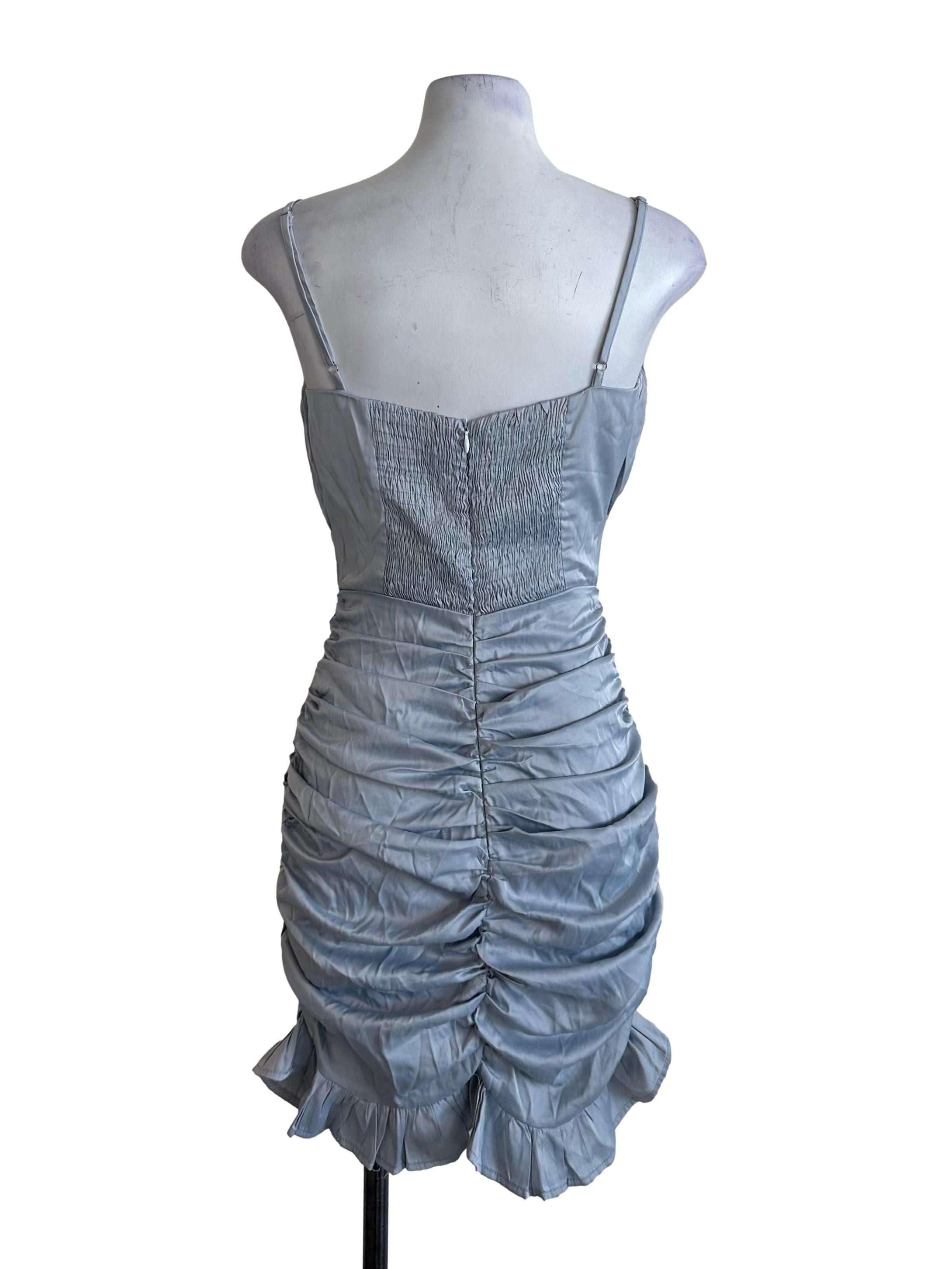 Silver Blue Ruched Drape Ruffle Dress