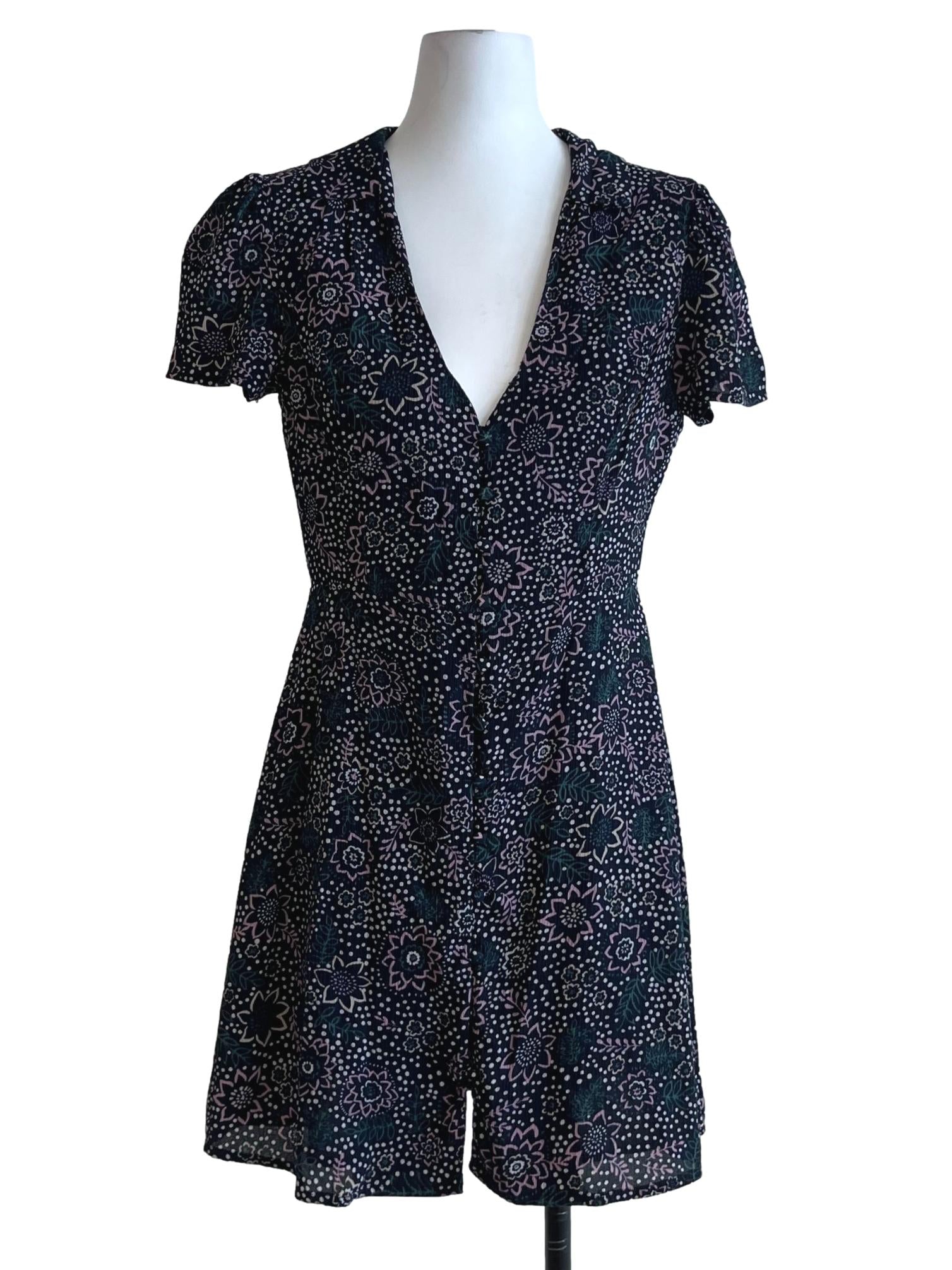 Navy Blue Floral Empire Dress
