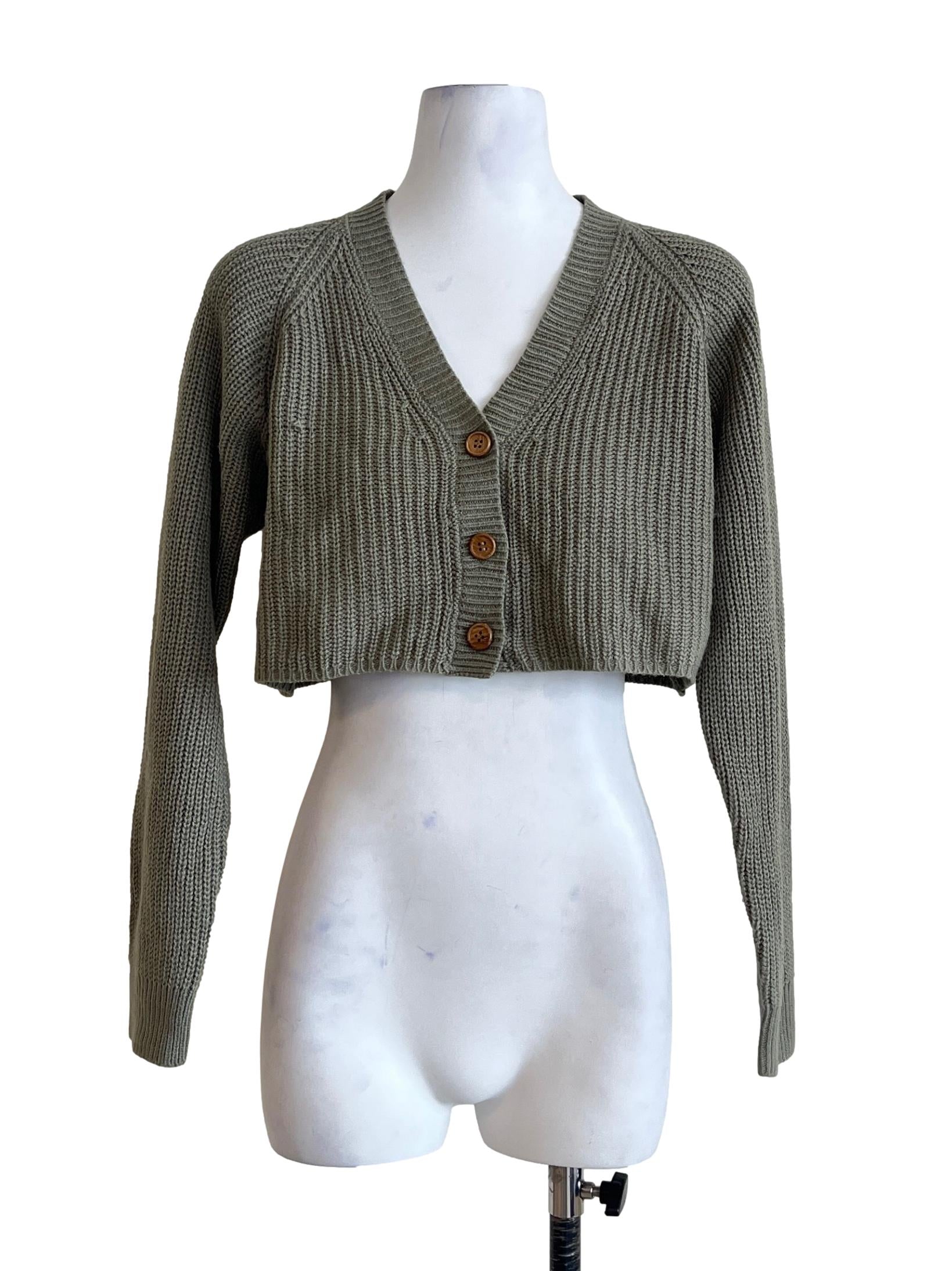 Sage Green V-Neck Knit Cropped Cardigan