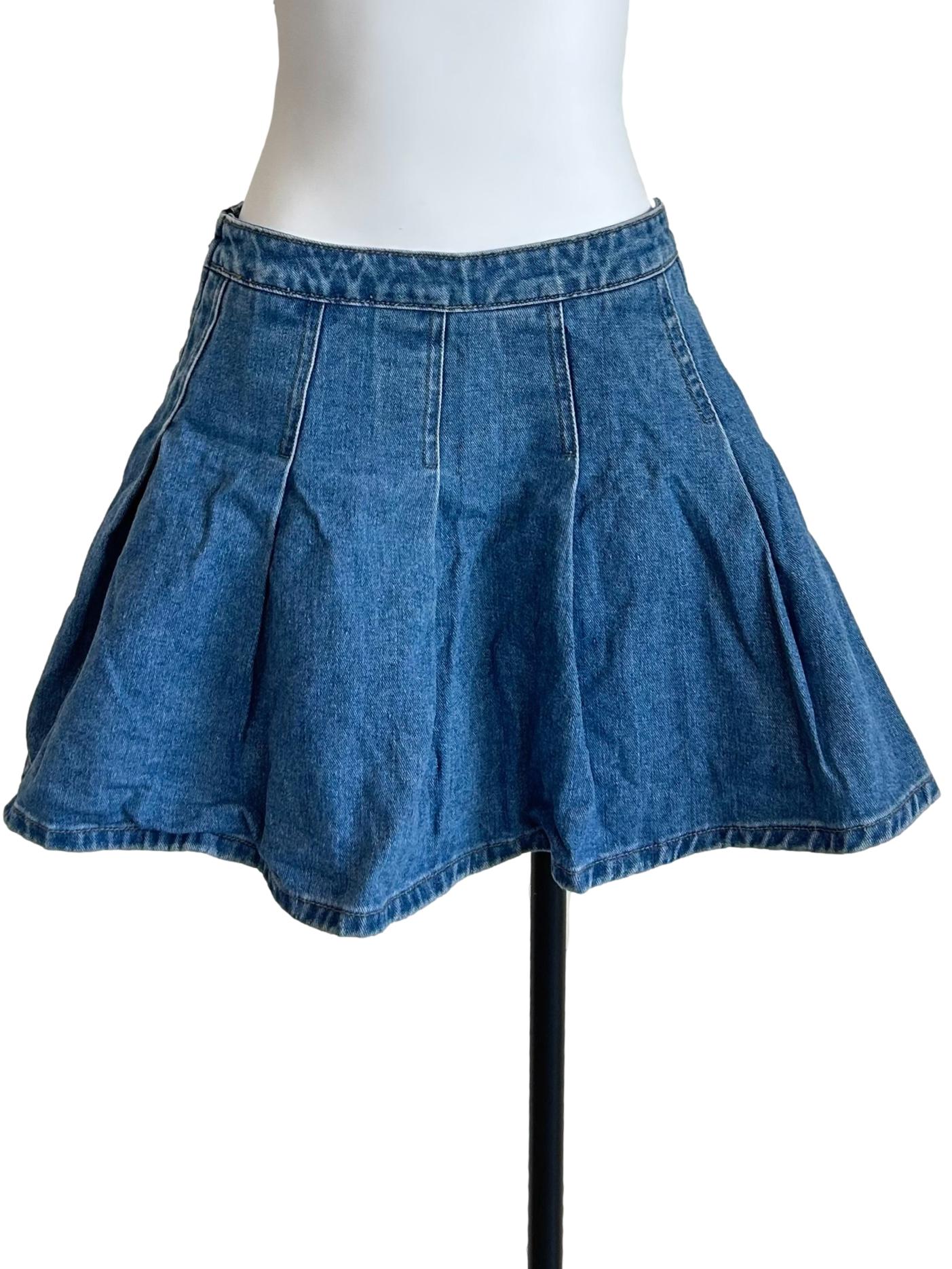 Blue Pleated High Waisted Mini Skirt
