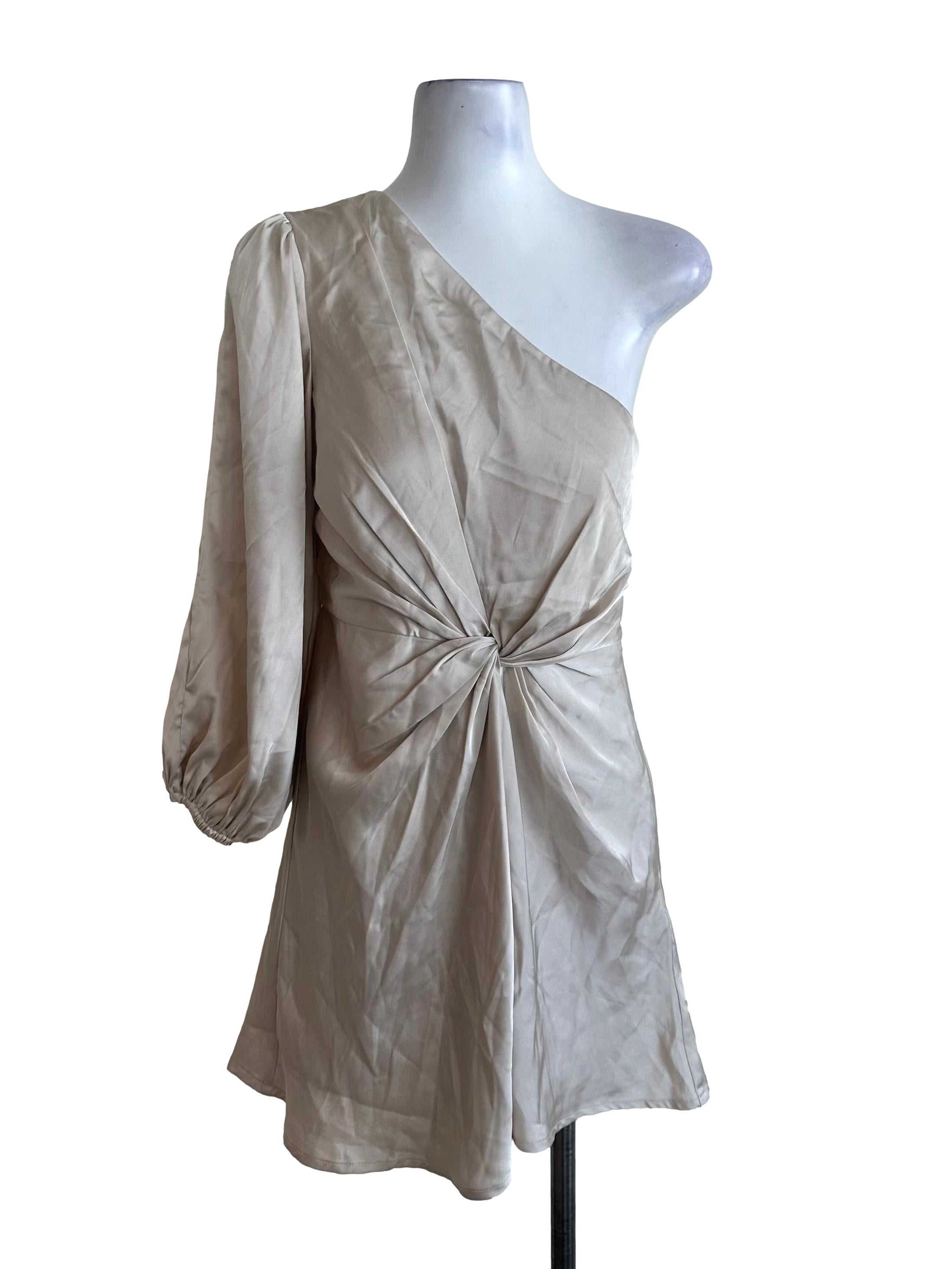 Sand Beige Satin One Shoulder Asymmetric Dress