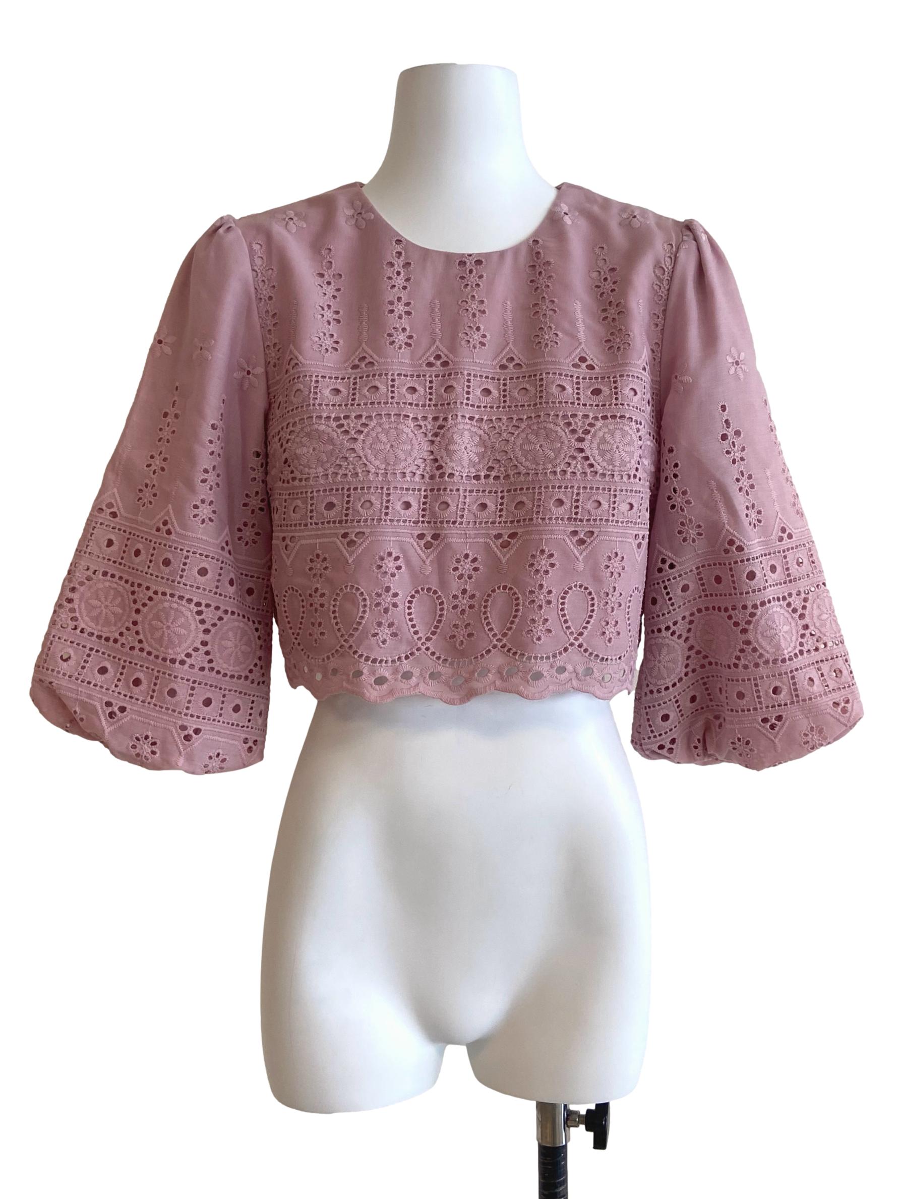 Flamingo Pink Floral Embroidery Crop Blouse