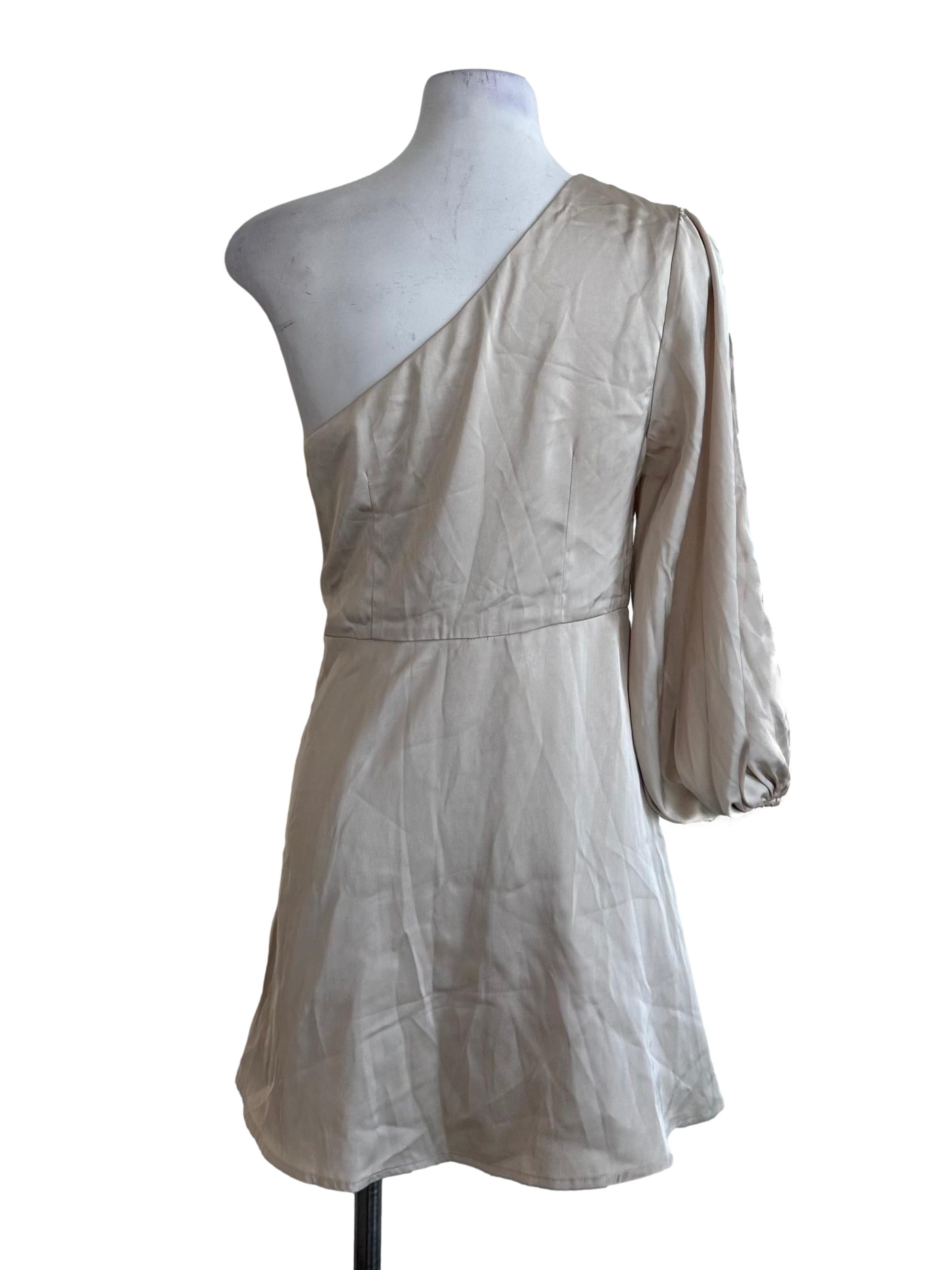 Sand Beige Satin One Shoulder Asymmetric Dress