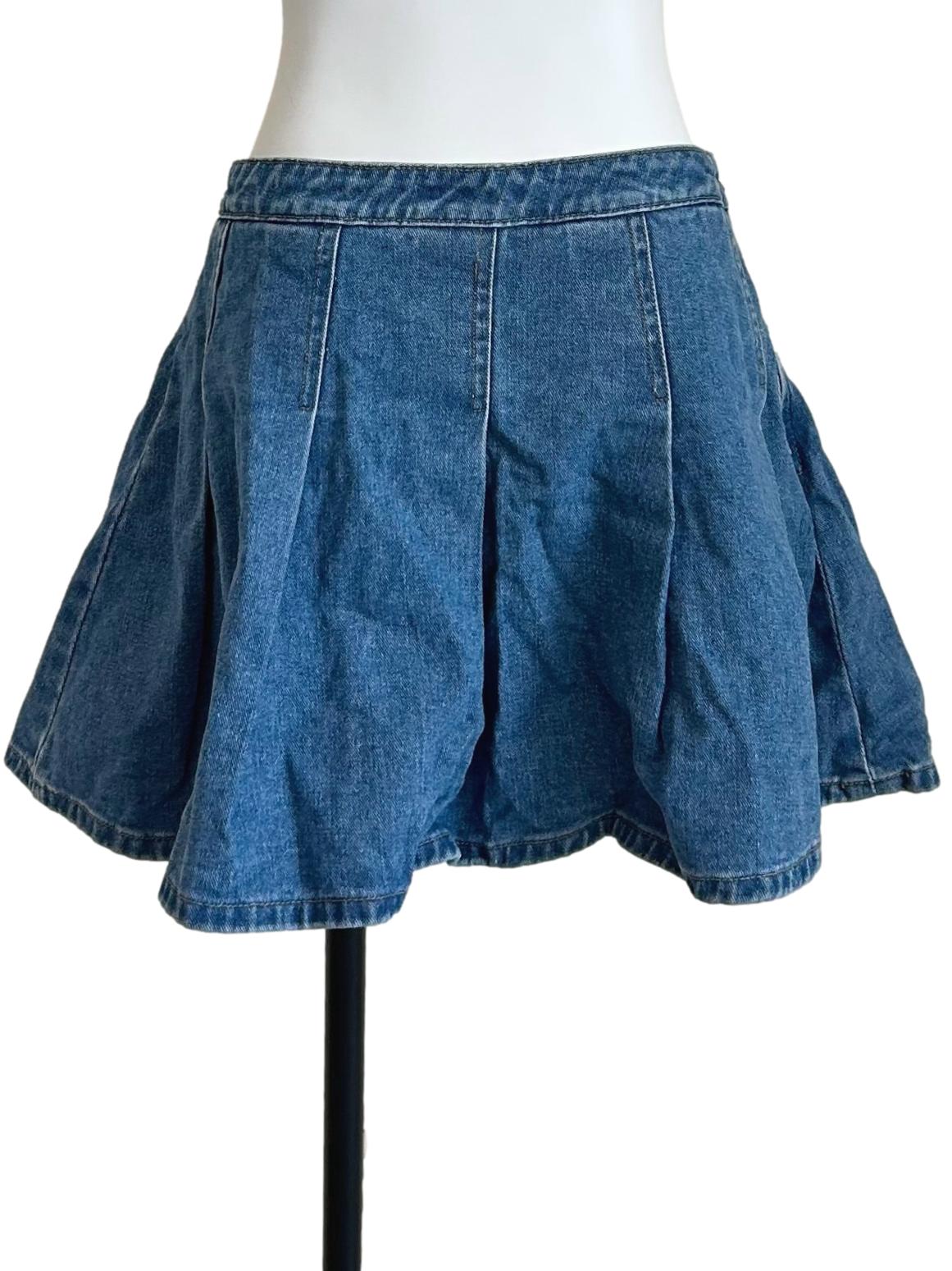 Blue Pleated High Waisted Mini Skirt