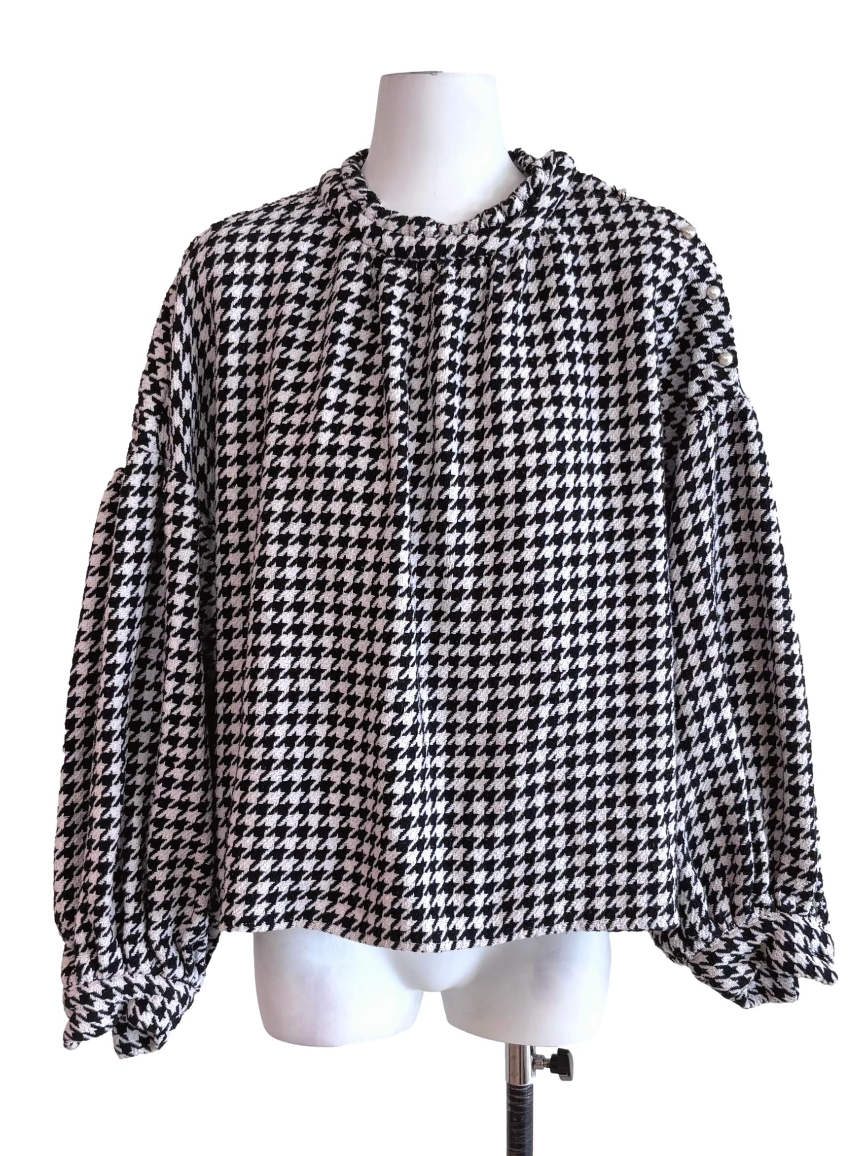 White Black Houndstooth Tweed Blouse