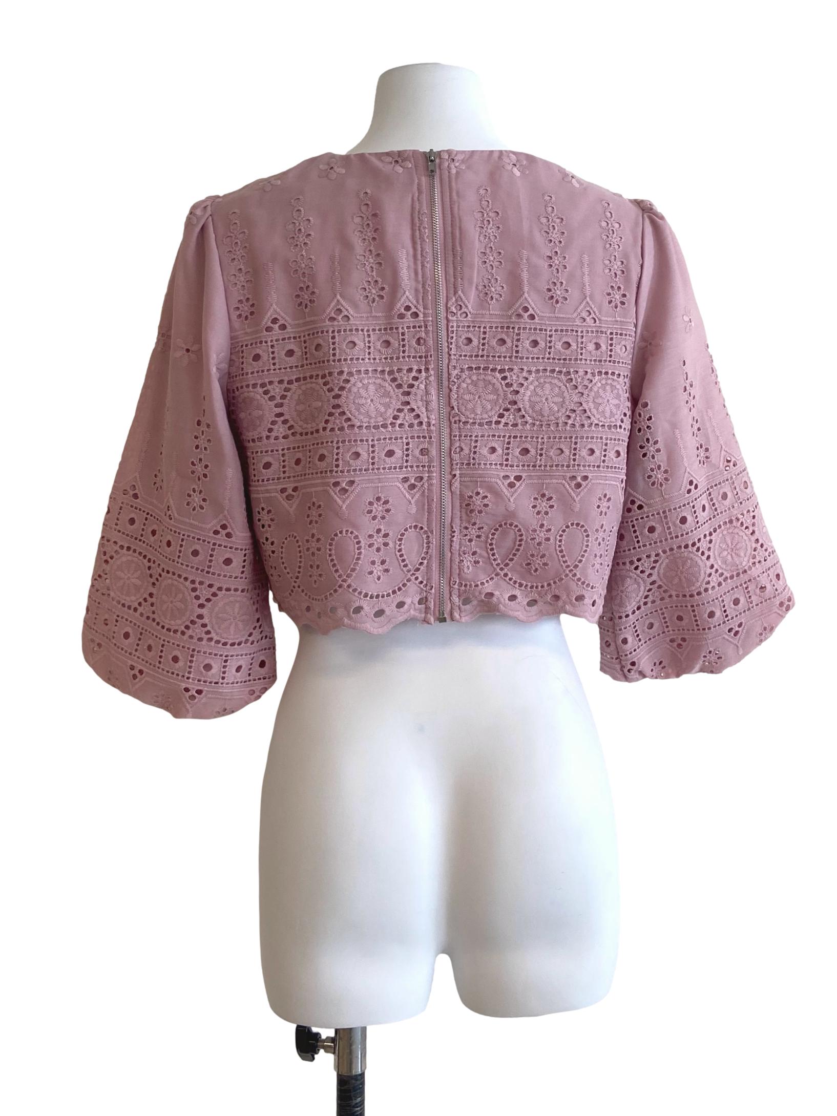 Flamingo Pink Floral Embroidery Crop Blouse