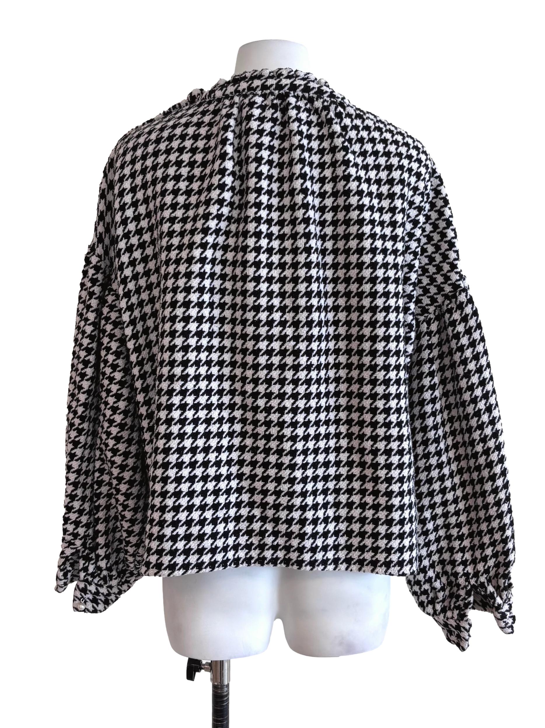 White Black Houndstooth Tweed Blouse