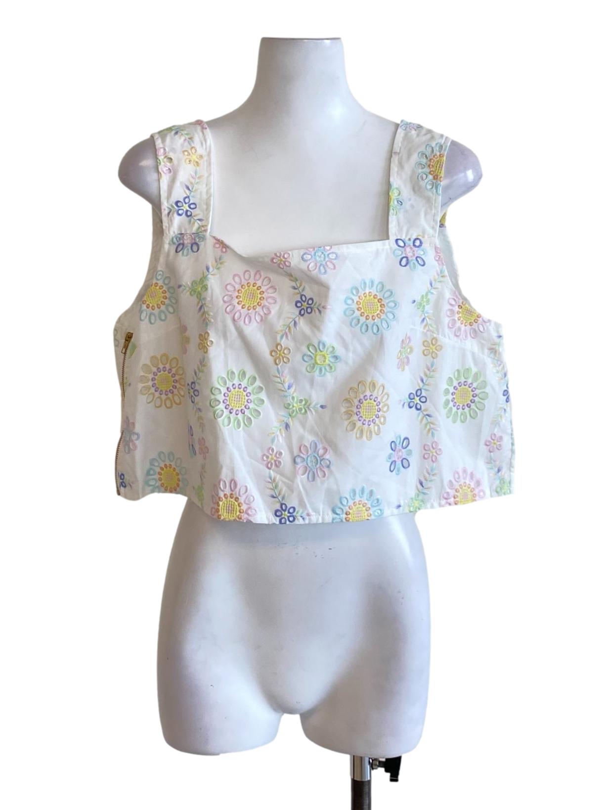 Soft White Floral Embroidered Square Neck Cropped Top