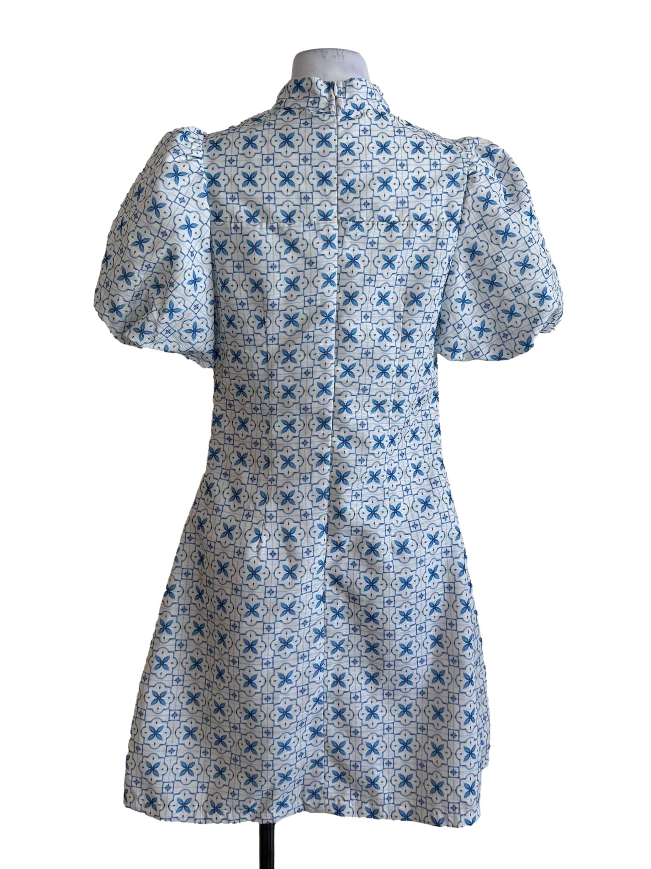 Blue White Pattern Mandarin Dress
