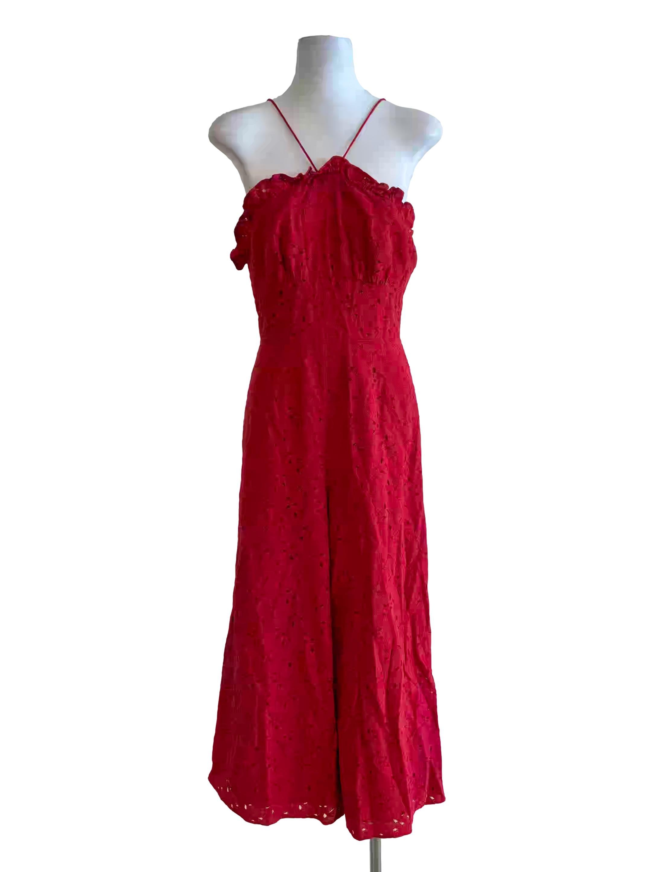 Red Spaghetti Halter Strap Eyelet Jumpsuit