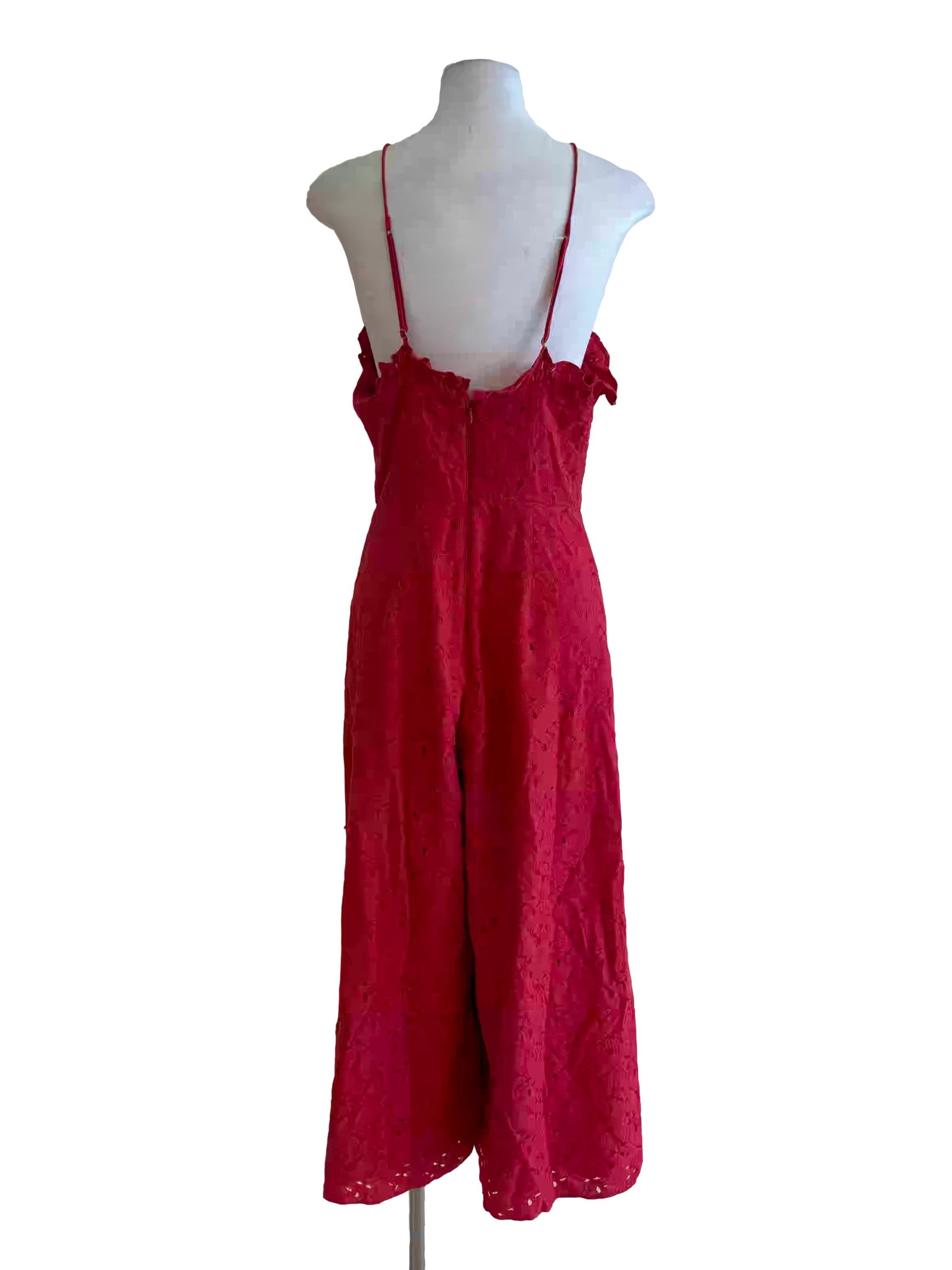 Red Spaghetti Halter Strap Eyelet Jumpsuit