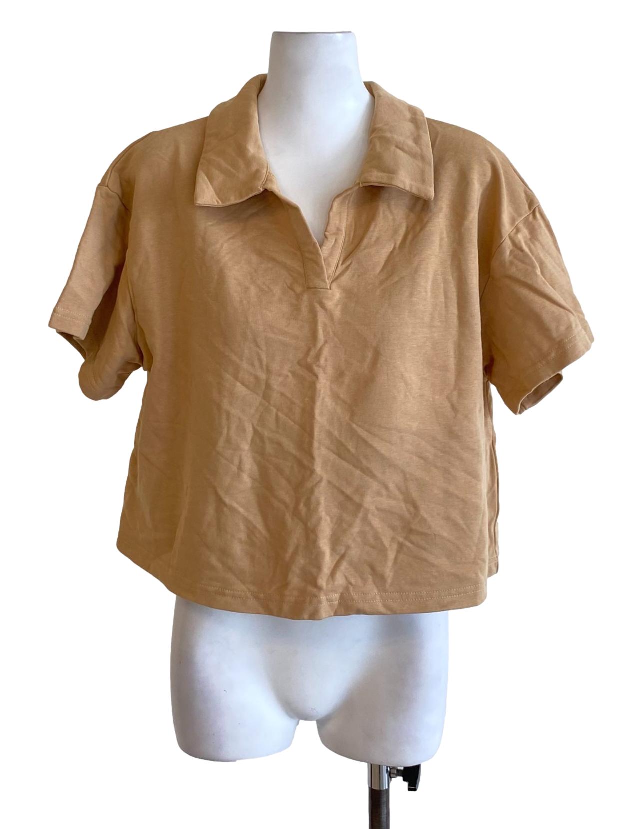 Peanut Brown Collared Buttonless Short Sleeve Cropped T-Shirt
