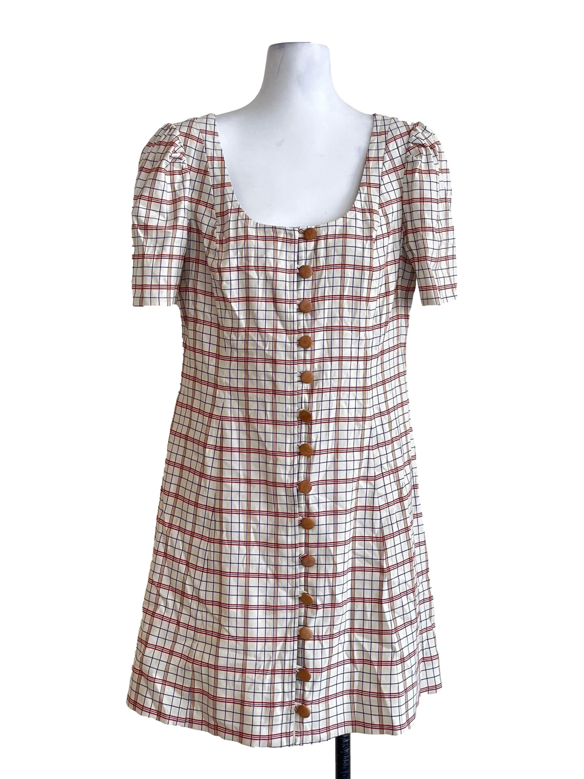 Cotton White Checkered Scoop Shift Dress