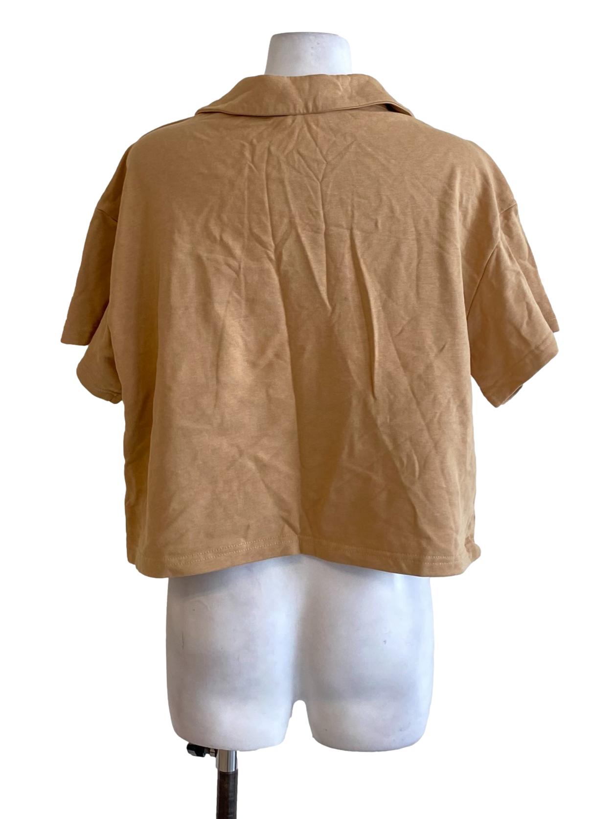 Peanut Brown Collared Buttonless Short Sleeve Cropped T-Shirt