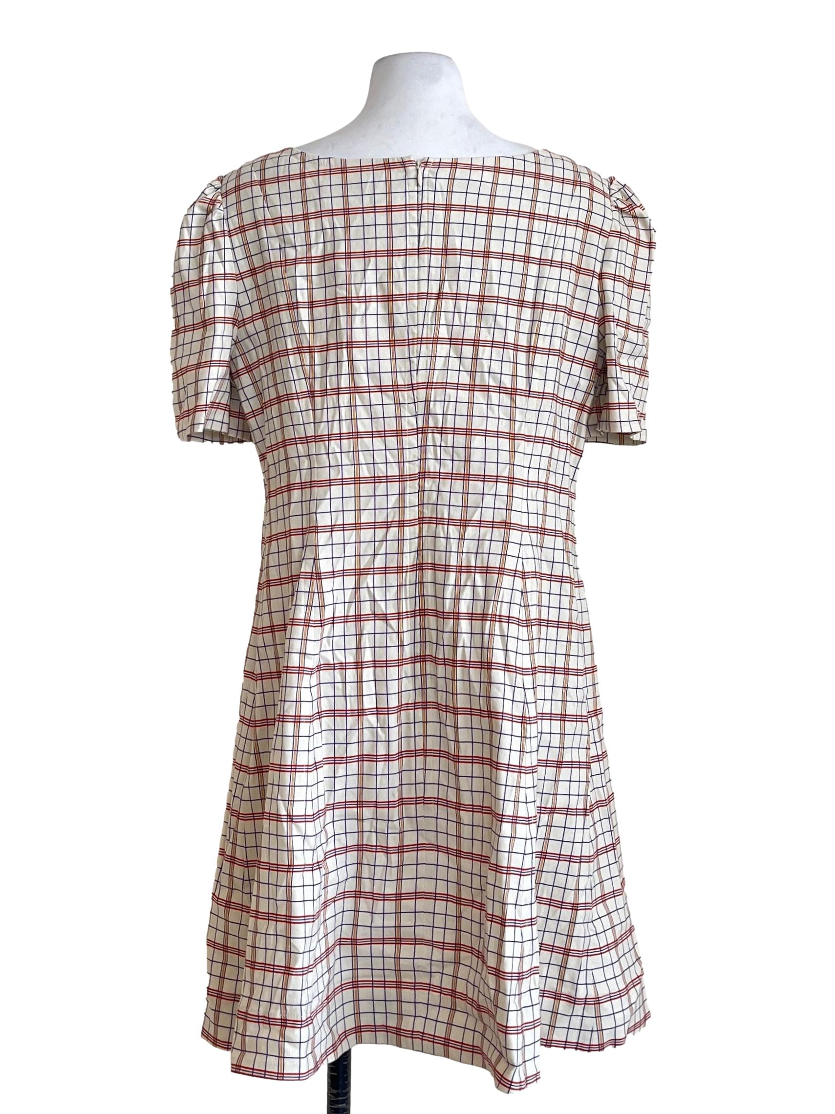 Cotton White Checkered Scoop Shift Dress