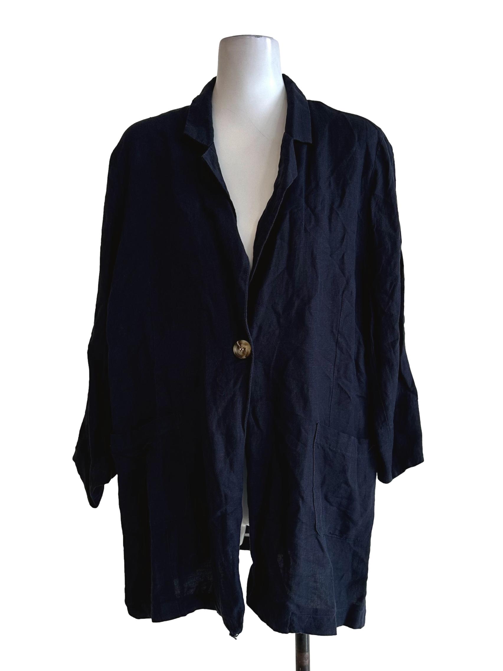 Blue Black Linen Collar Button Blazer TEM