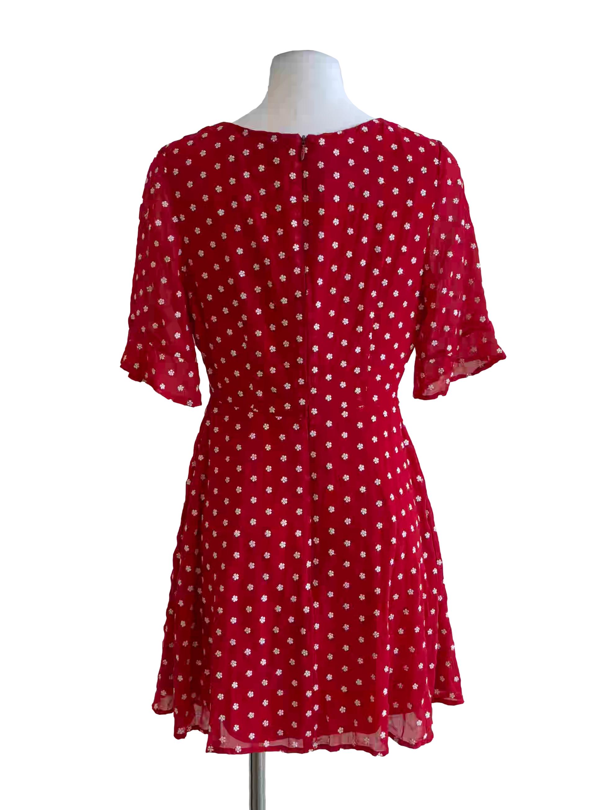 Red Floral Embroidered A-Line Dress