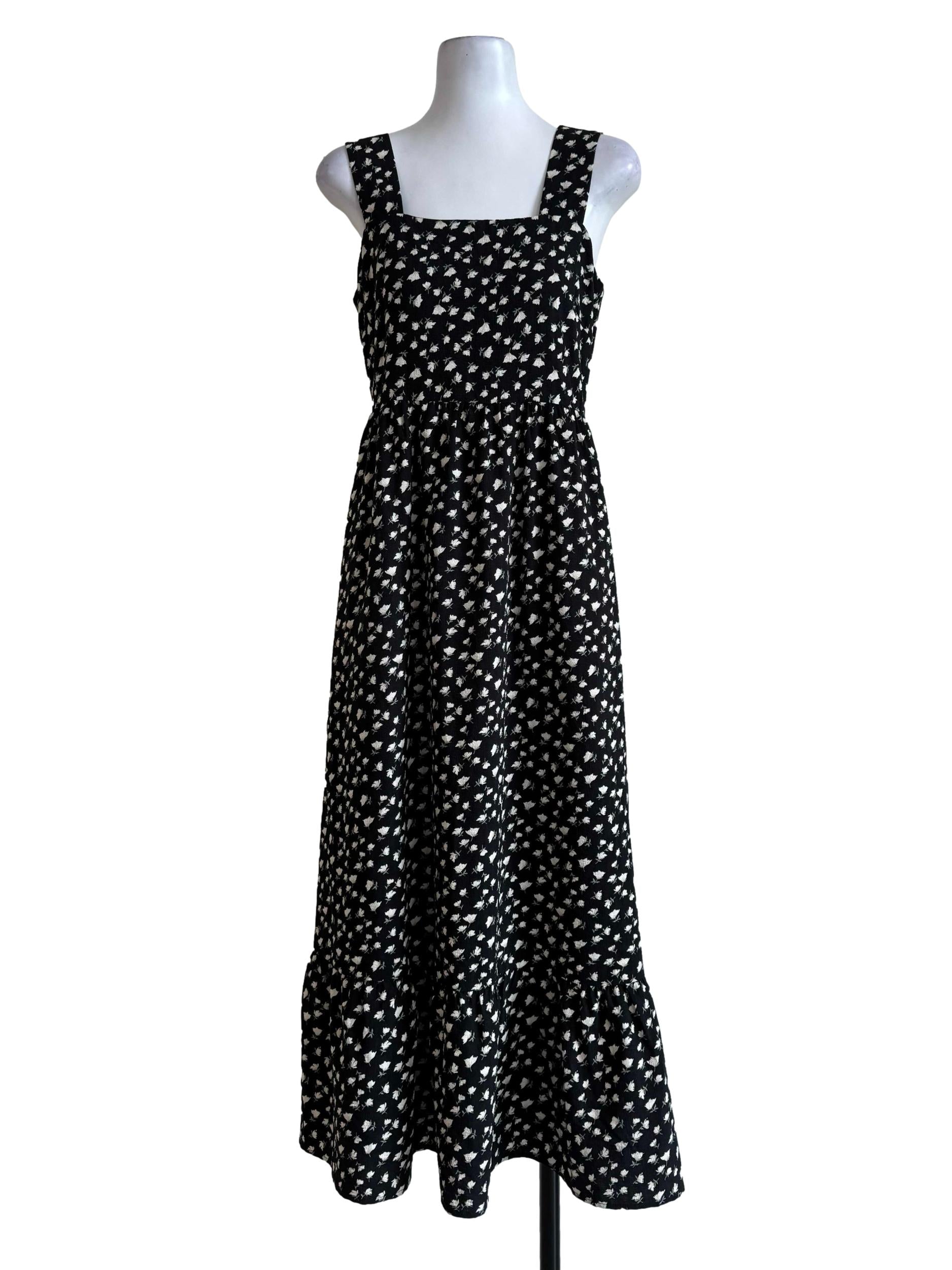 Ink Black With Floral Prints Apron Dress