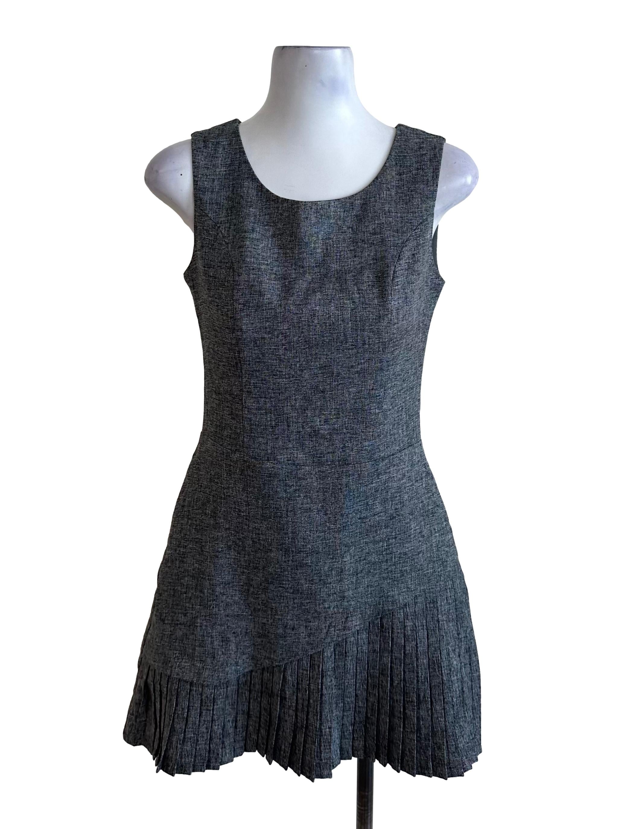 Dark Grey Round Neck Textured Pleated Dress
