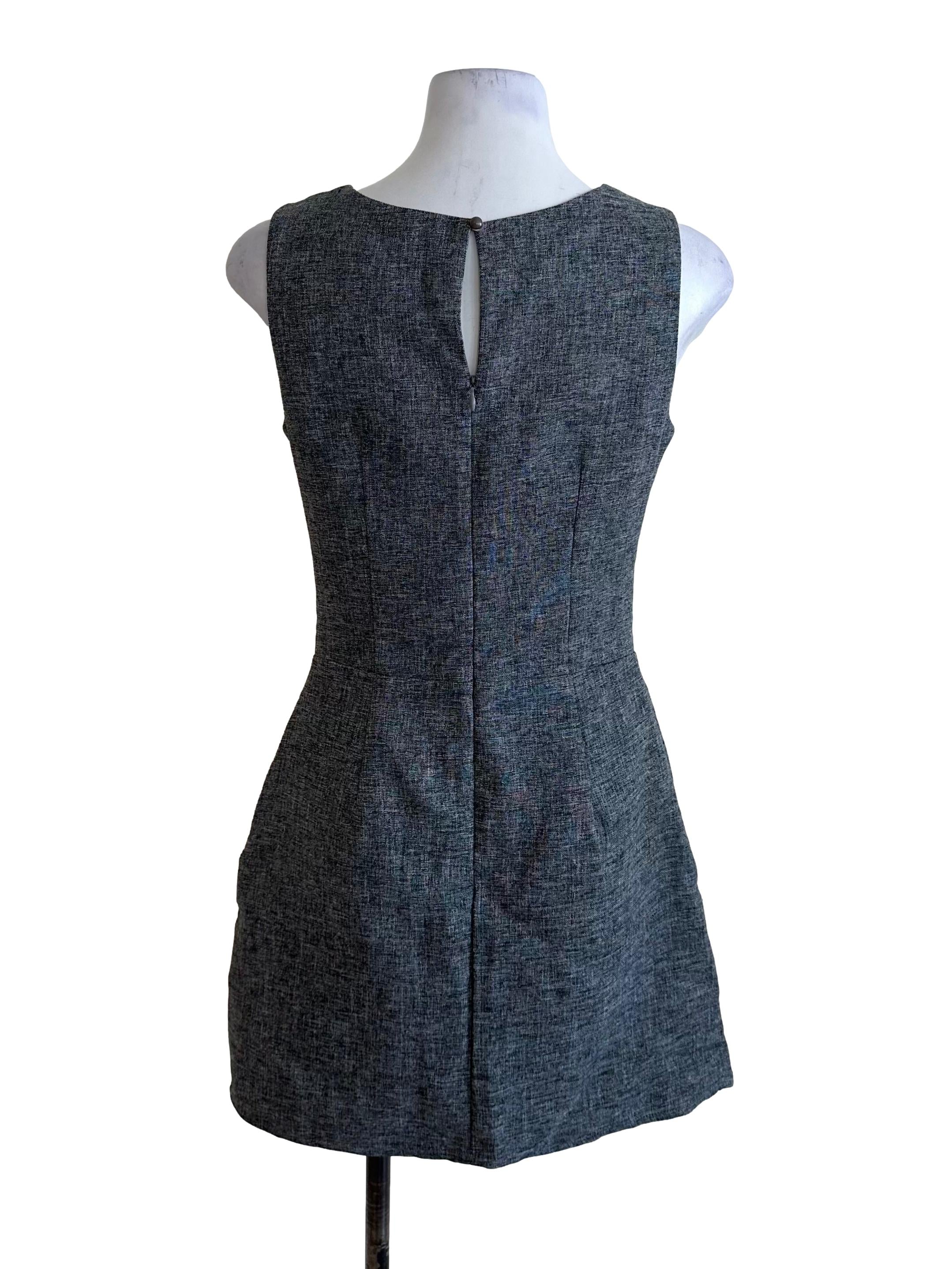 Dark Grey Round Neck Textured Pleated Dress