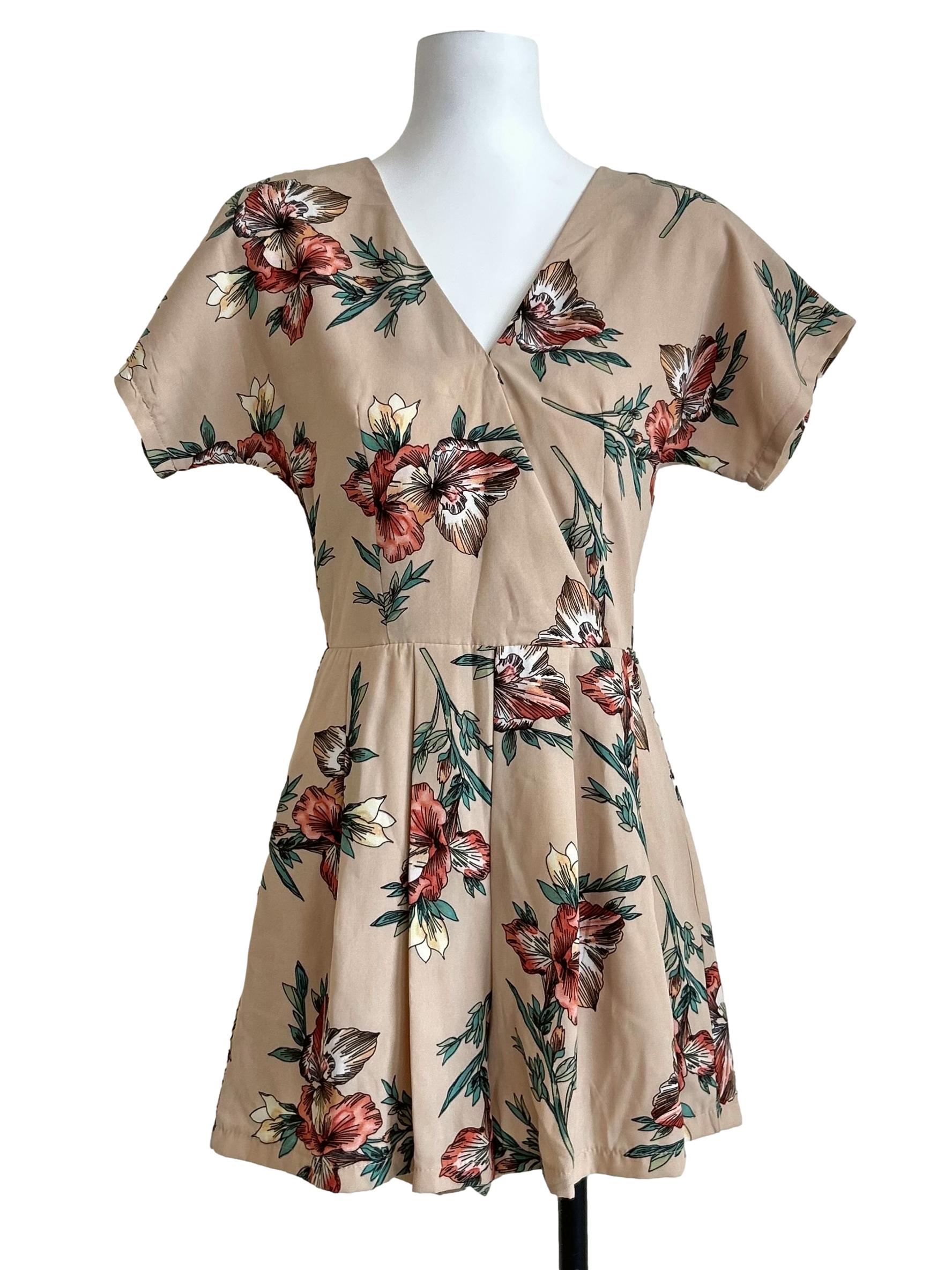 Beige Floral Print V-Neck Romper