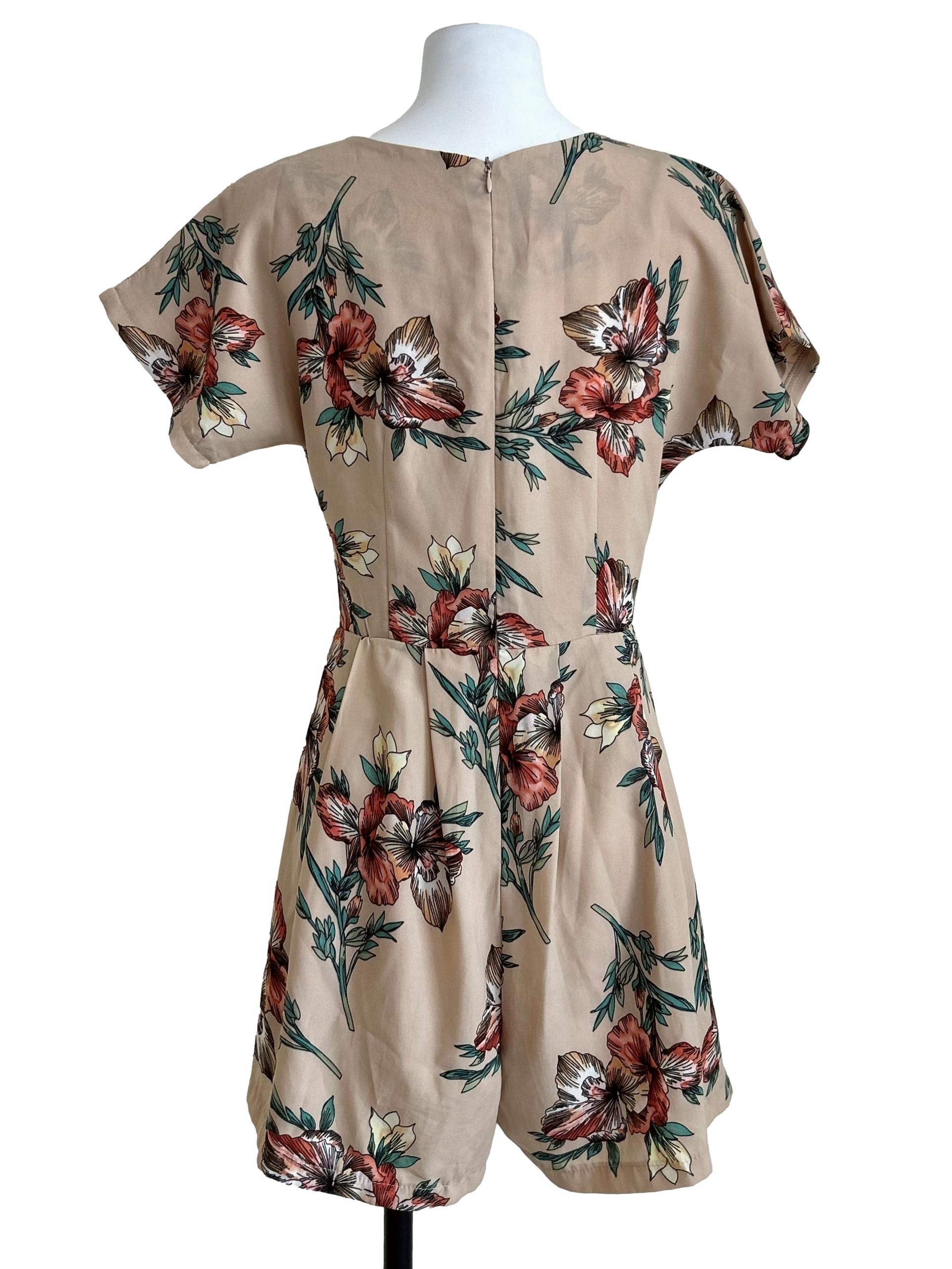 Beige Floral Print V-Neck Romper