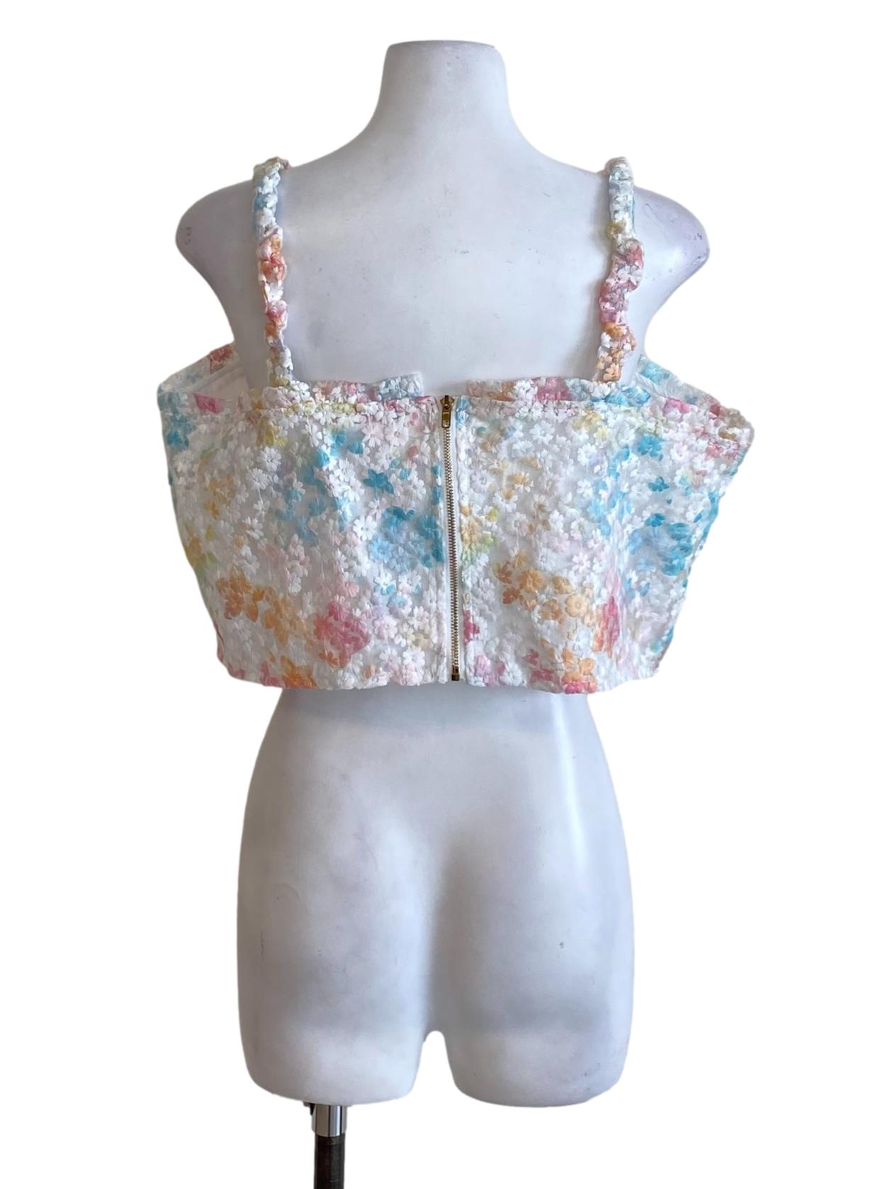 Powder White Colourful Floral Mesh Buttoned Down Cropped Top