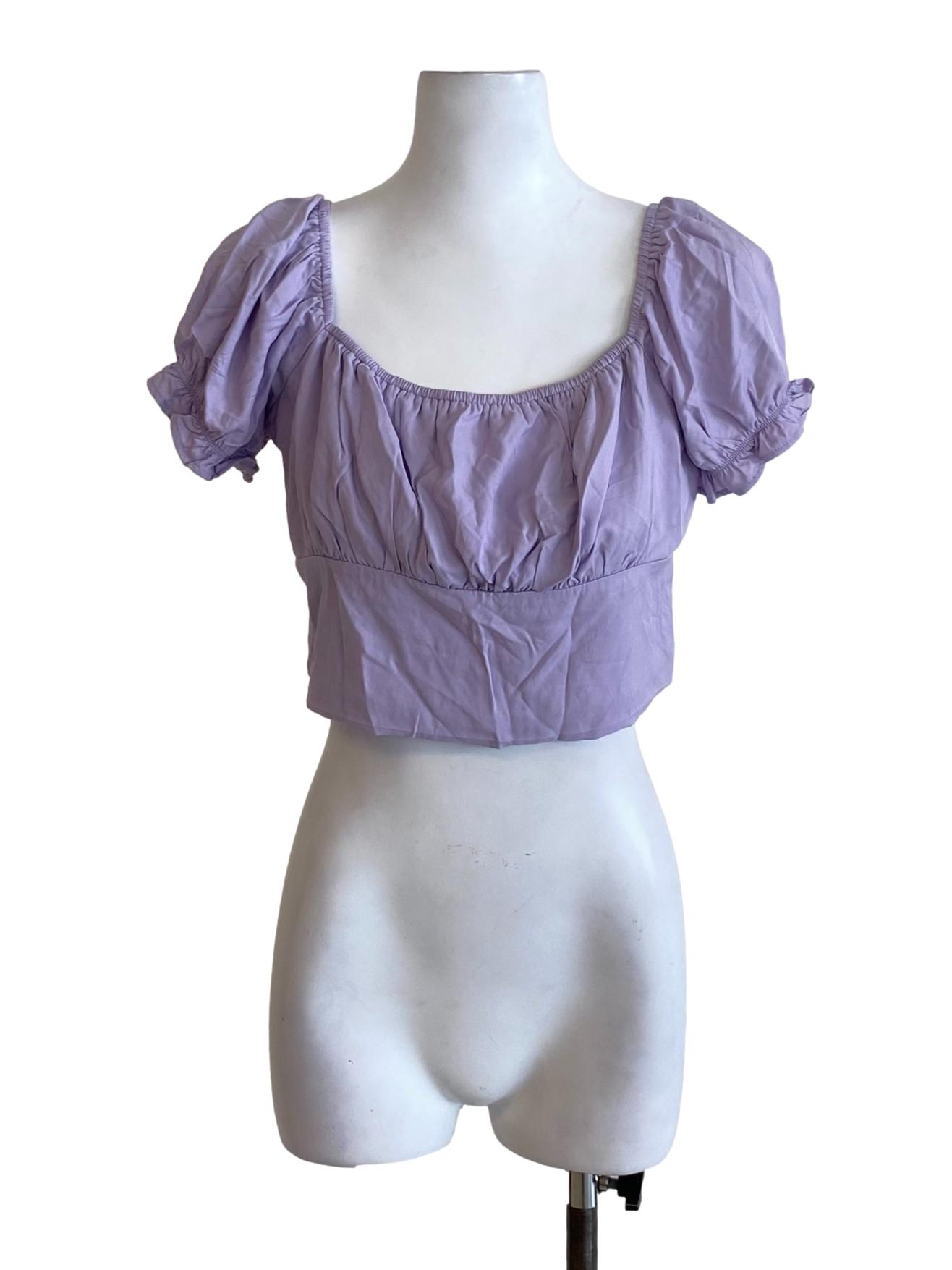 Dark Heather Purple Scoop Neck Puffed Cropped Top