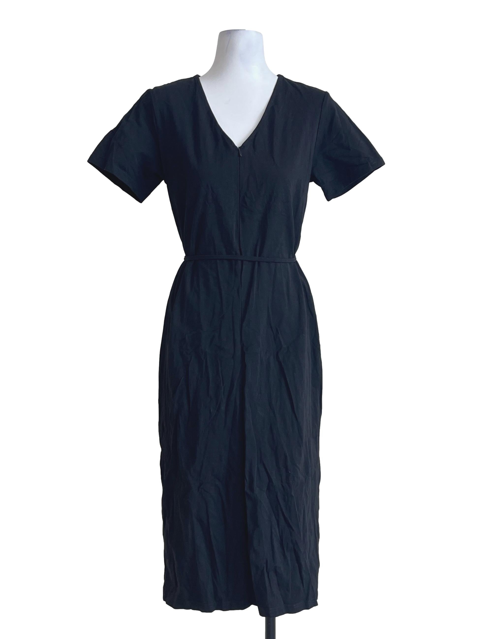 Pitch Black V-Neck Short Sleeve Slip Dress