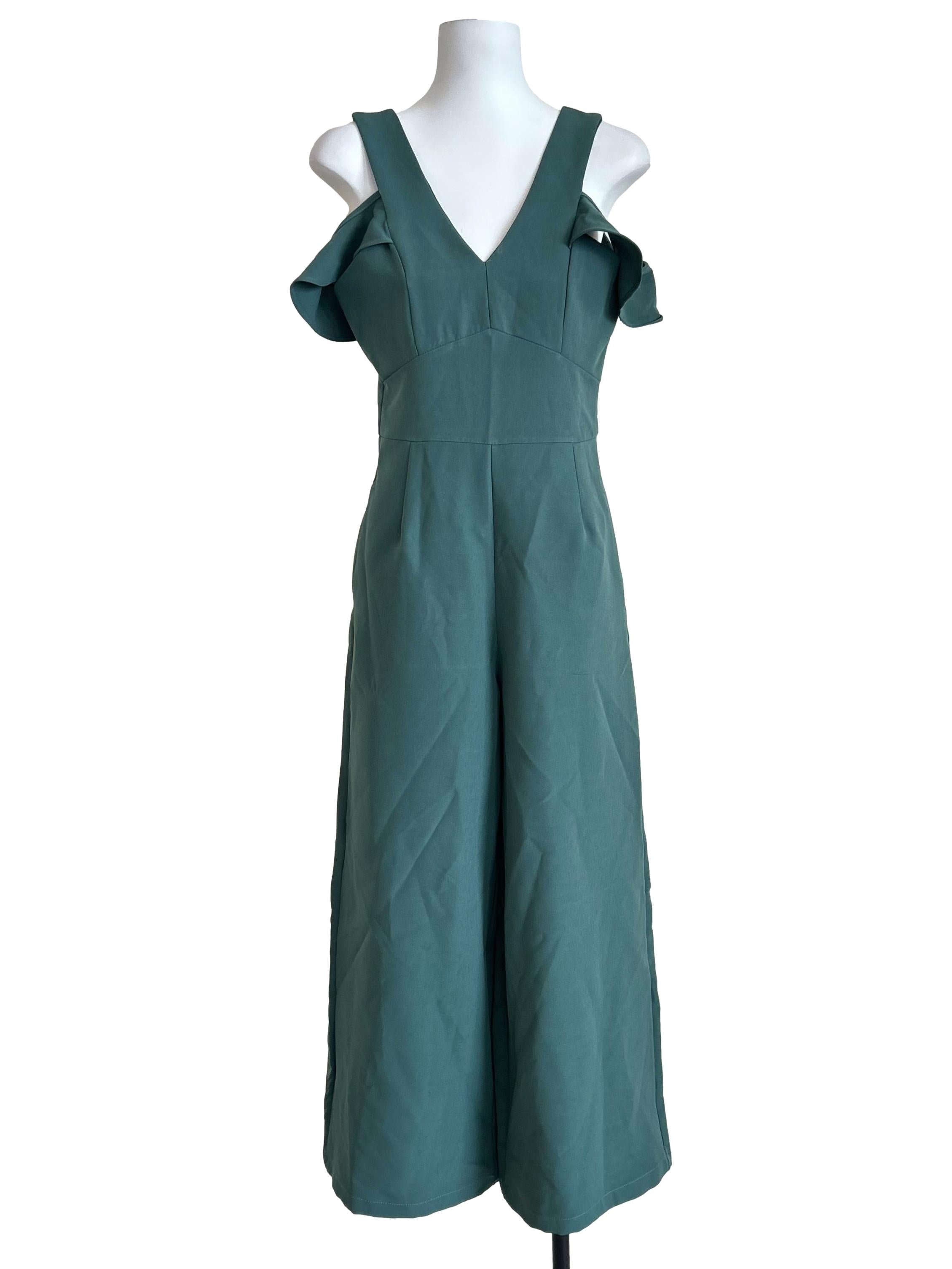 Teal Green Cold Shoulder Ruffle Jumpsuit