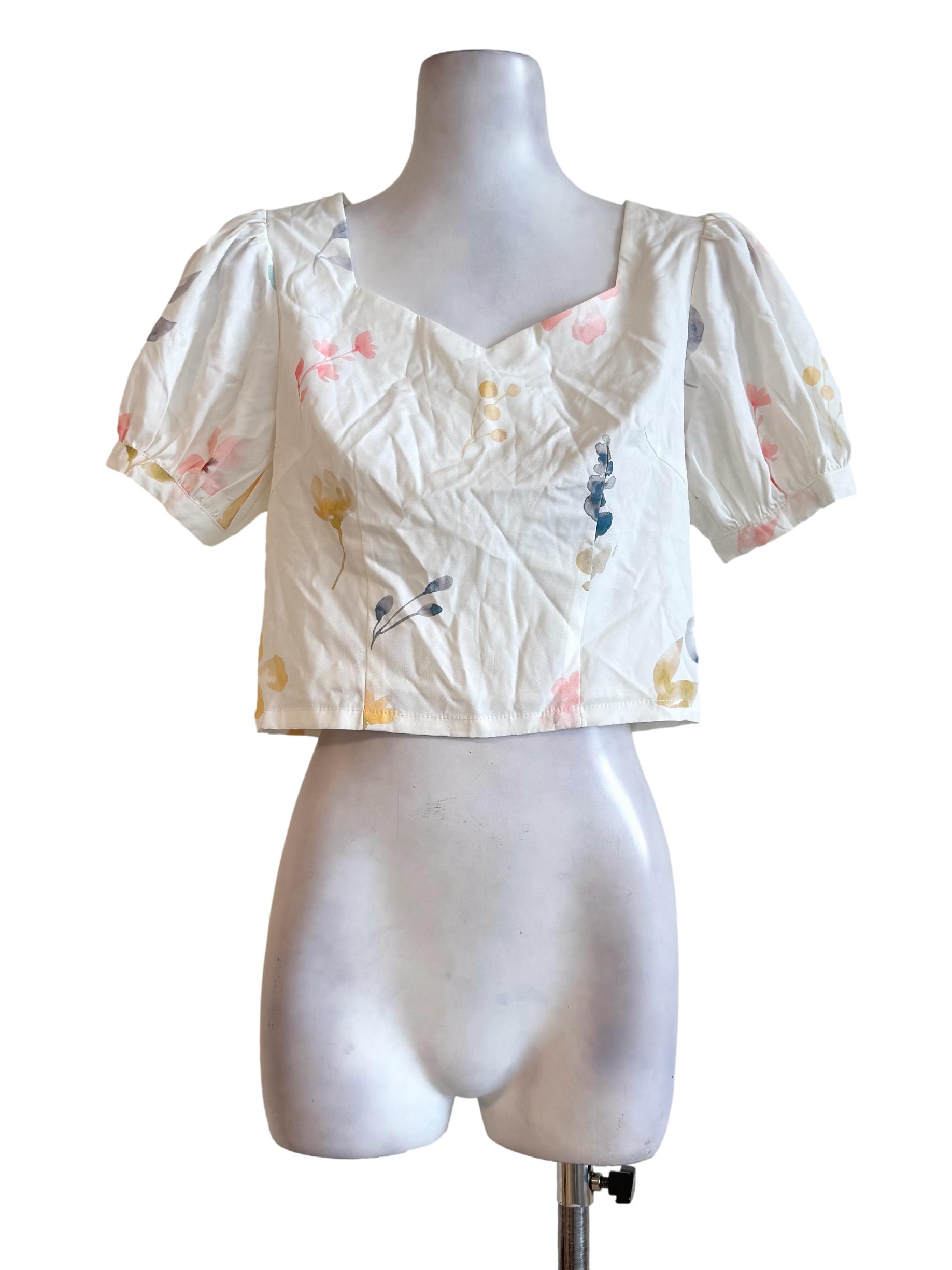 Pure White With Pastel Watercolor-Like Floral Prints Short Sleeve Top