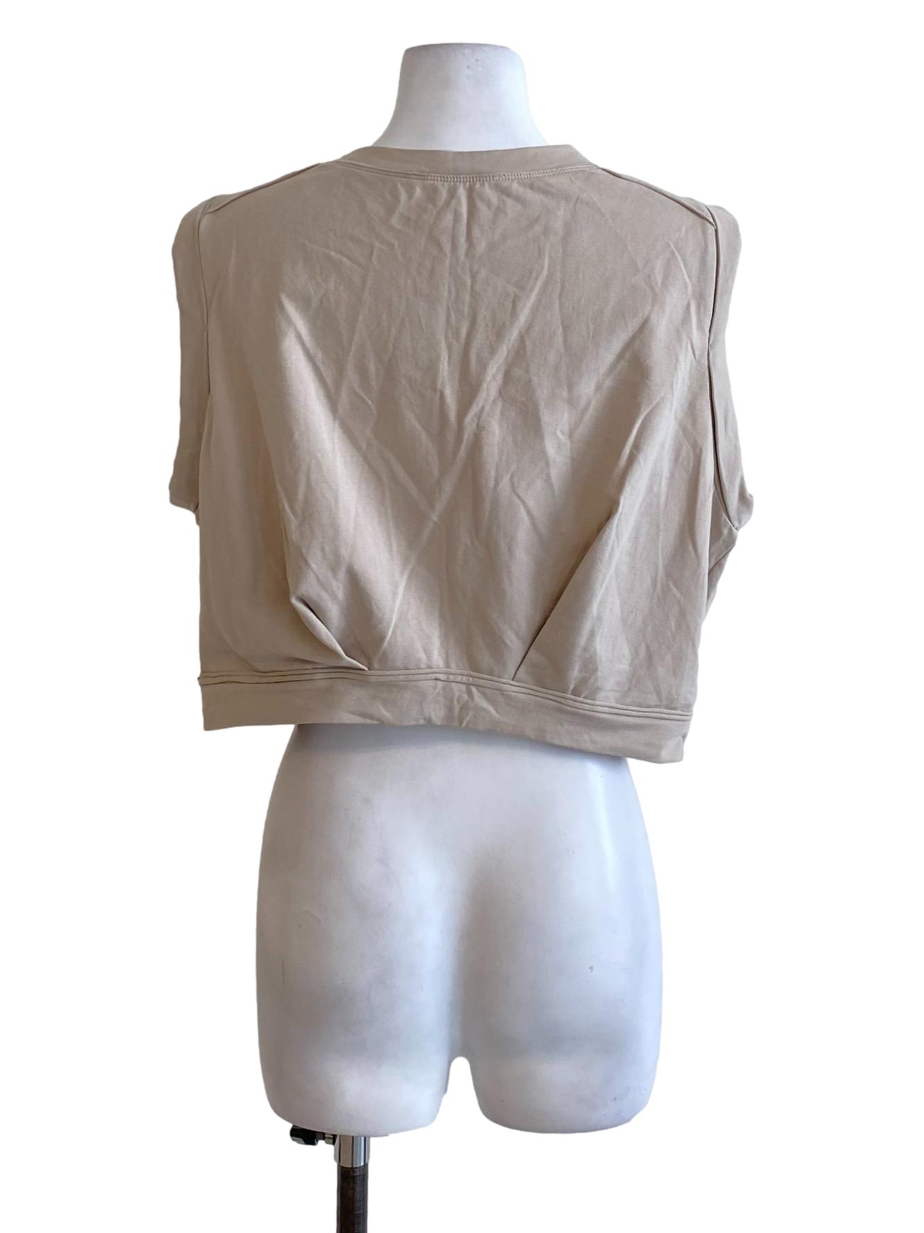 Oat Brown Round Neck Rolled Up Drop Shoulder Top