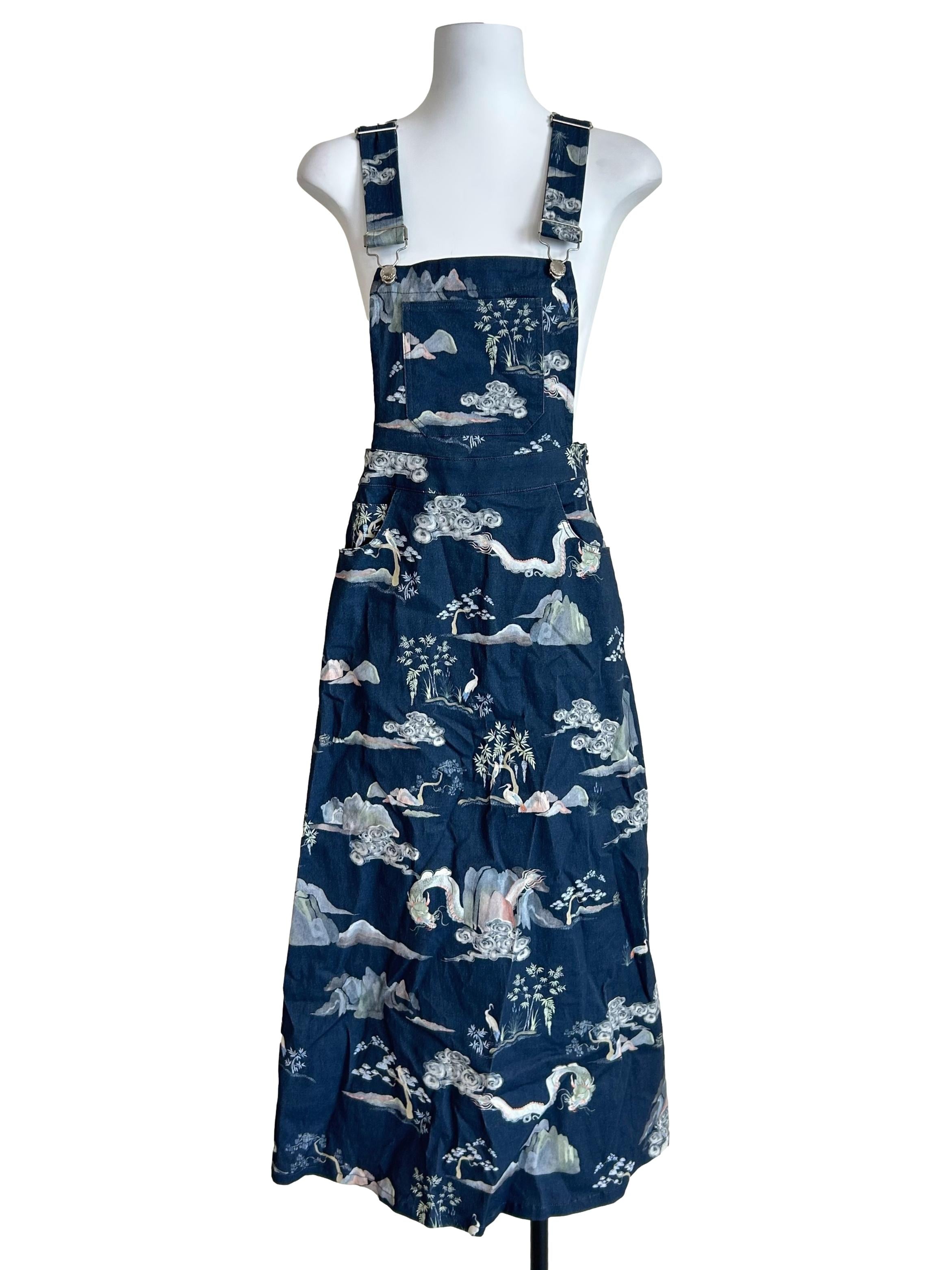 Navy Blue Oriental Landscape Pinafore Dress