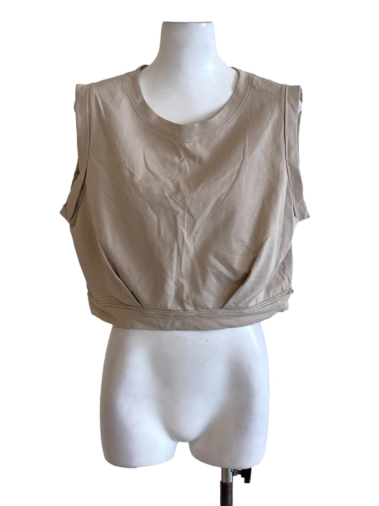 Oat Brown Round Neck Rolled Up Drop Shoulder Top