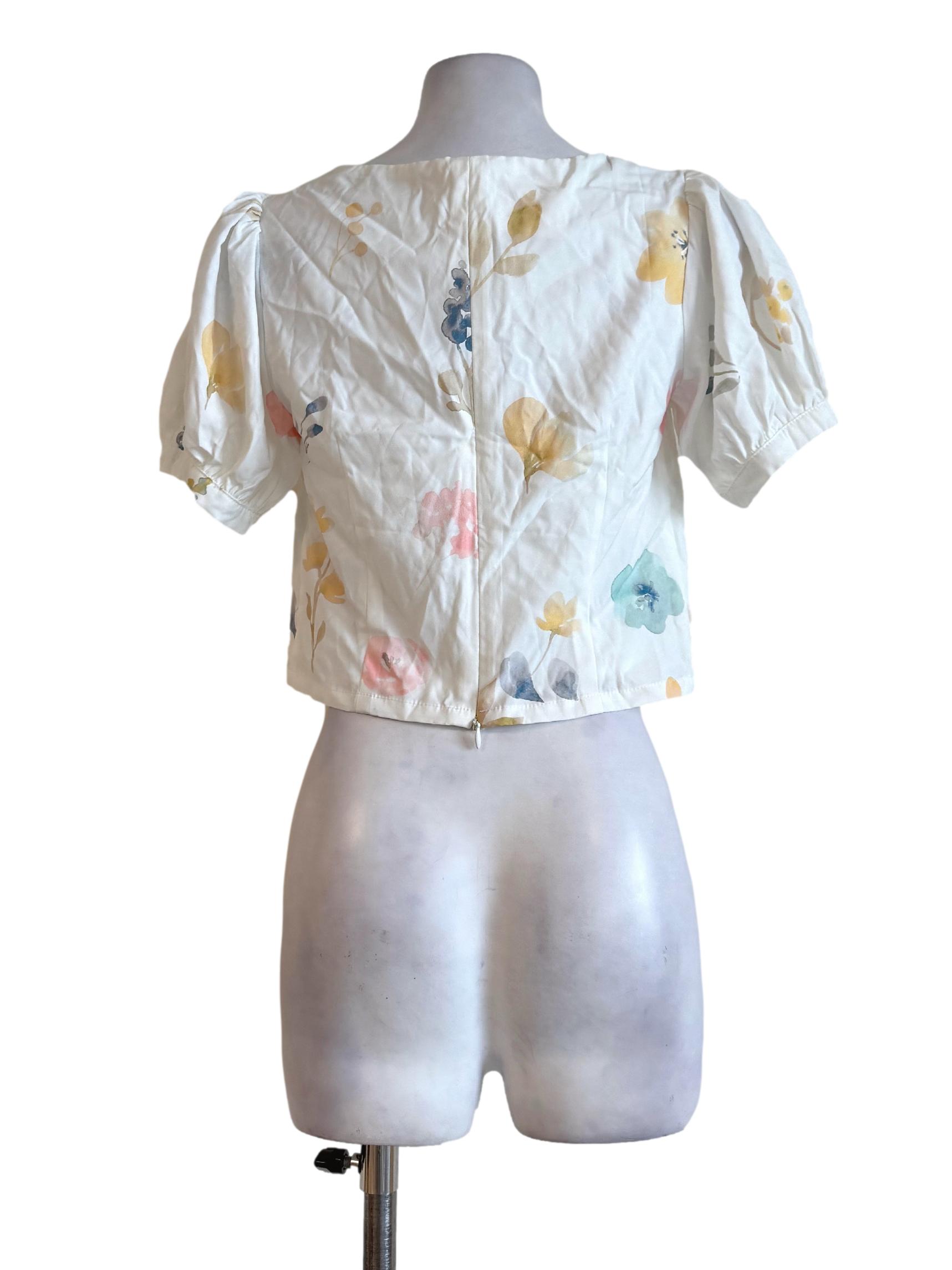 Pure White With Pastel Watercolor-Like Floral Prints Short Sleeve Top