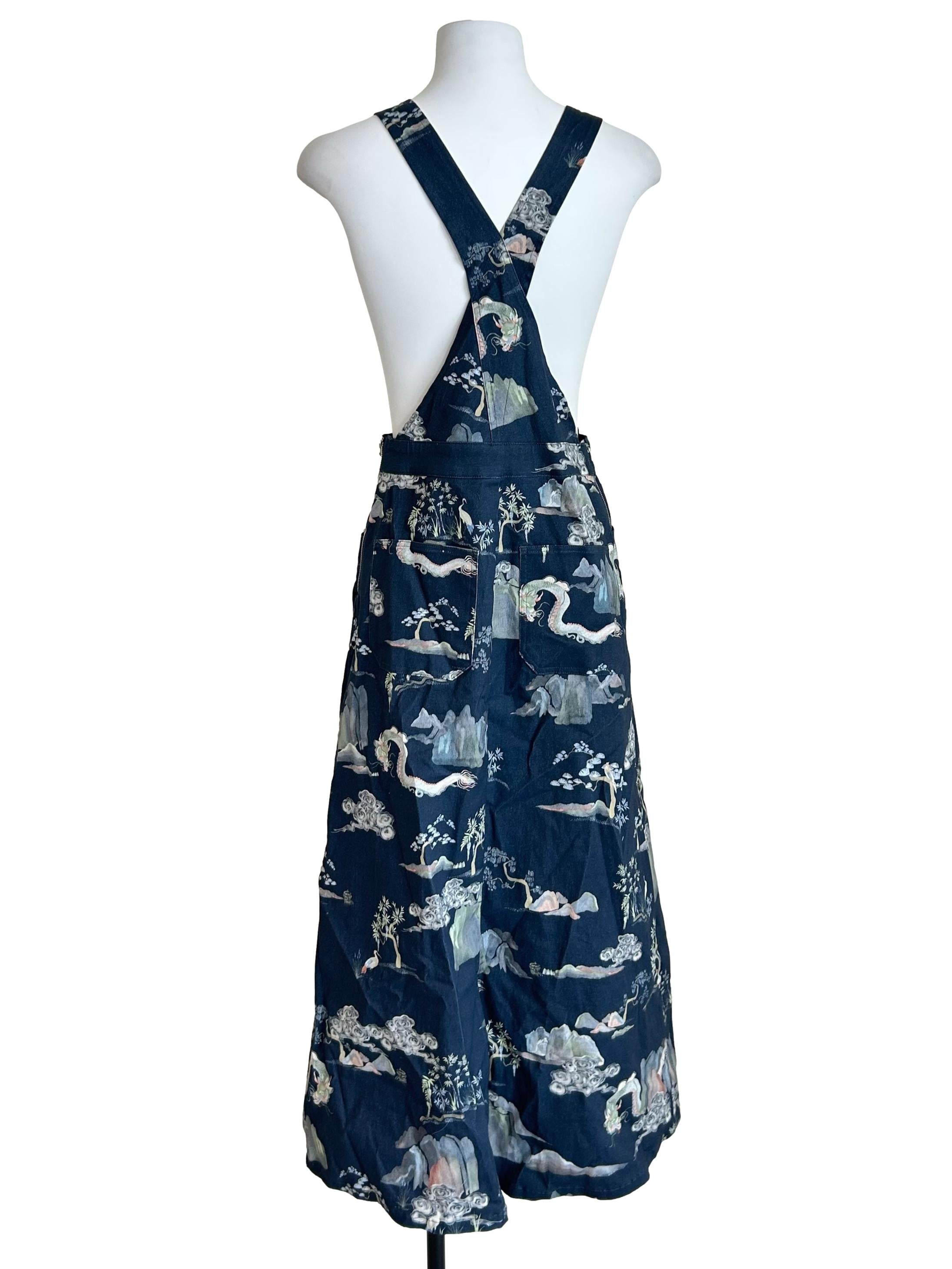 Navy Blue Oriental Landscape Pinafore Dress