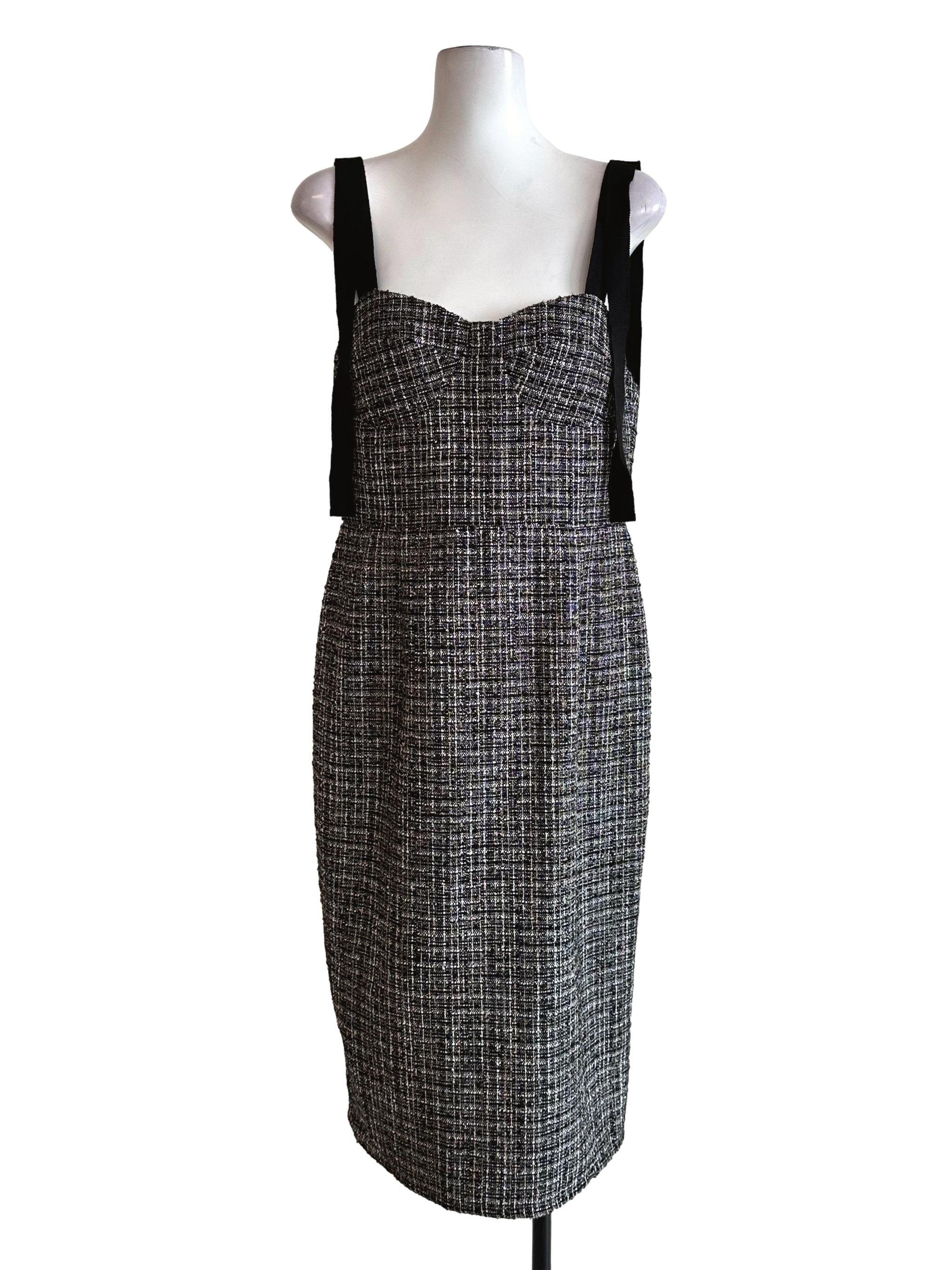 Black Padded Tweed Pattern Midi Dress LB