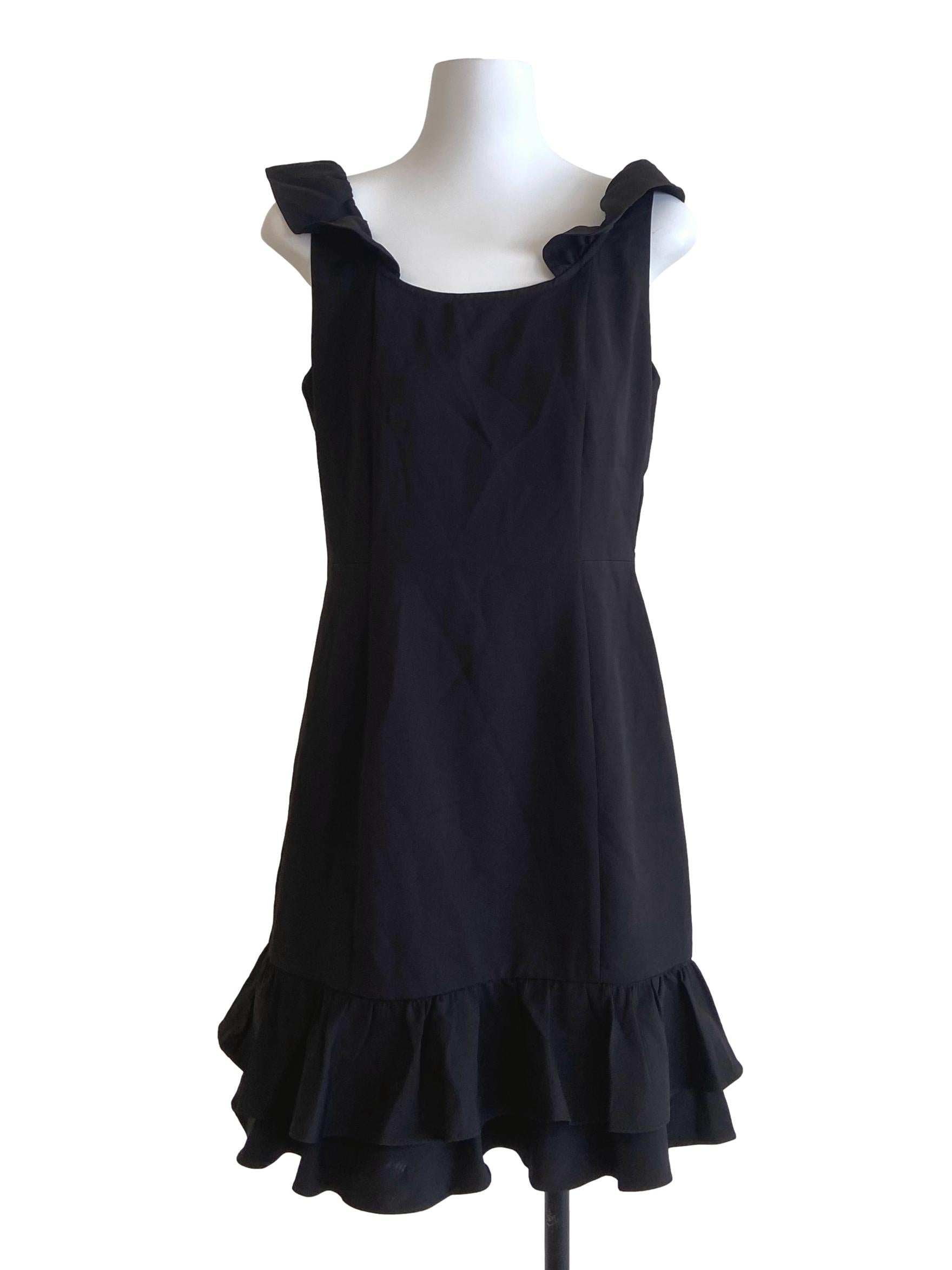 Black Herringbone Ruffled Sleeve Shift Dress