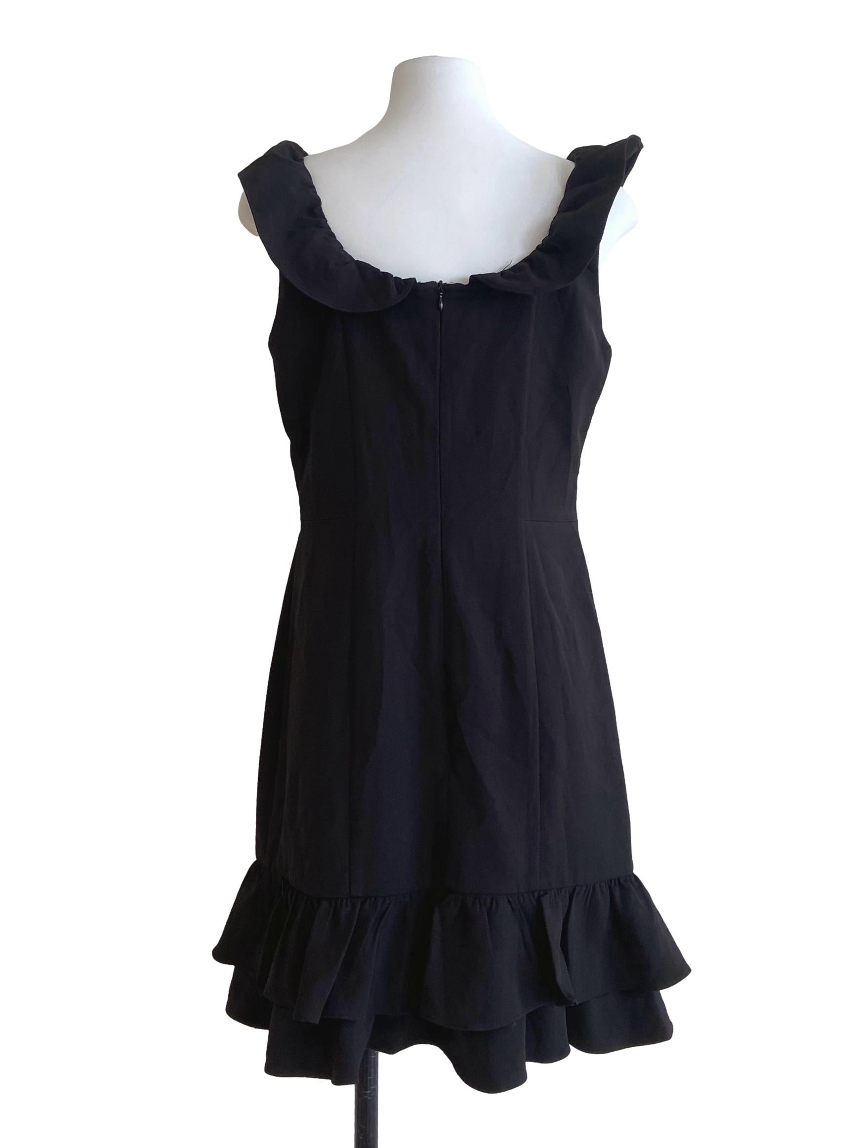 Black Herringbone Ruffled Sleeve Shift Dress