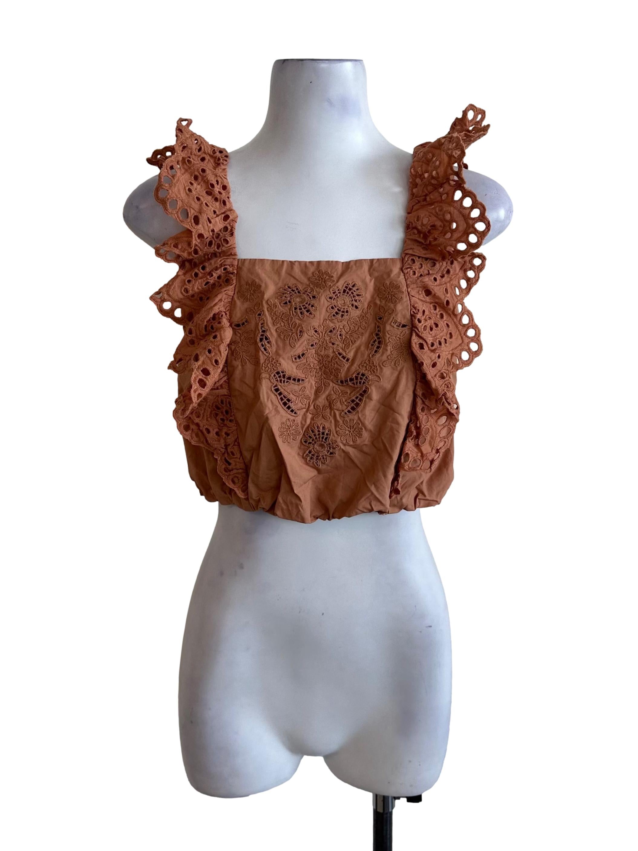 Caramel Brown Square Neck Eyelet Embroidery Top TCL