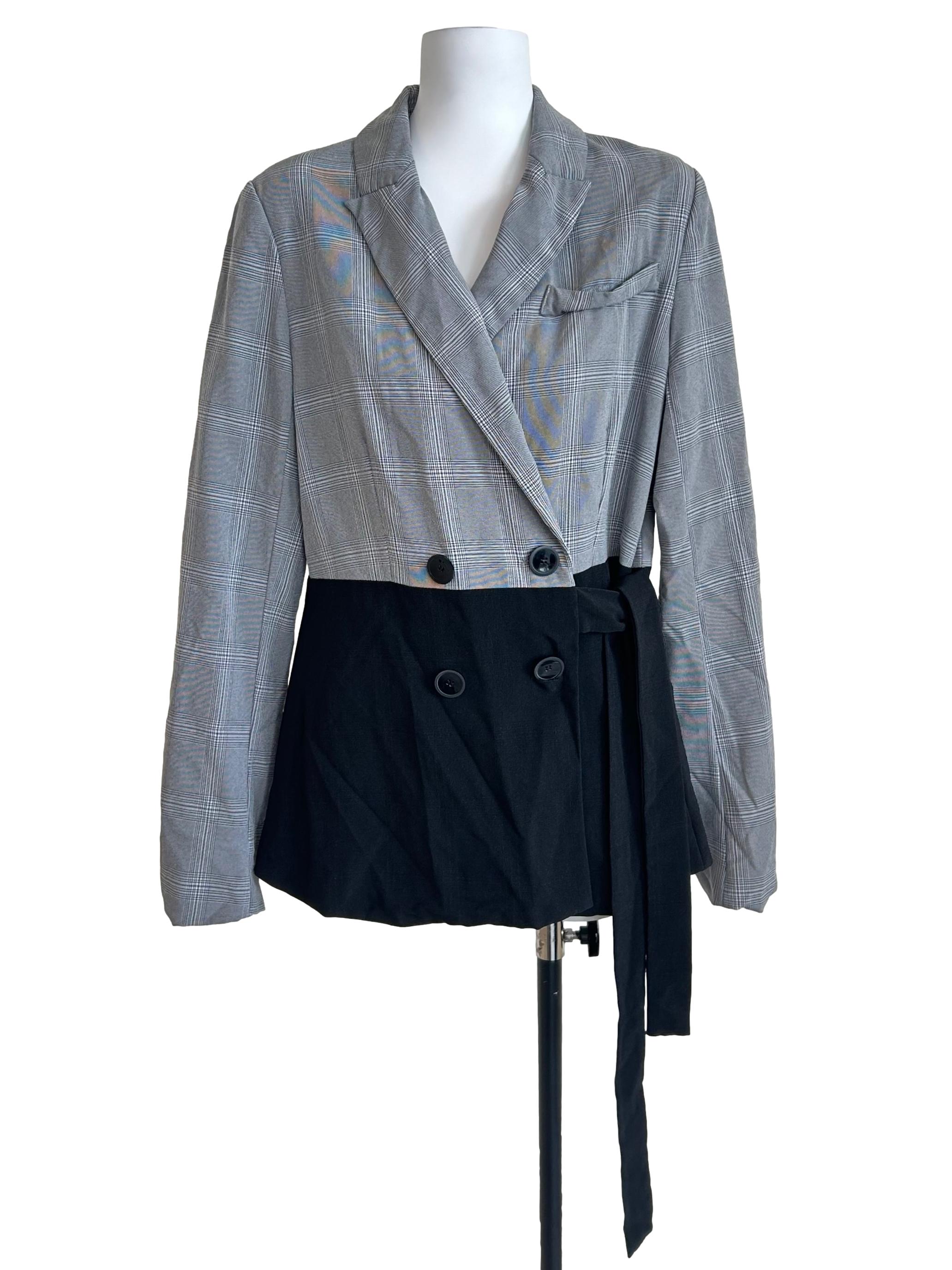Grey & Black Colour-block Plaid Blazer