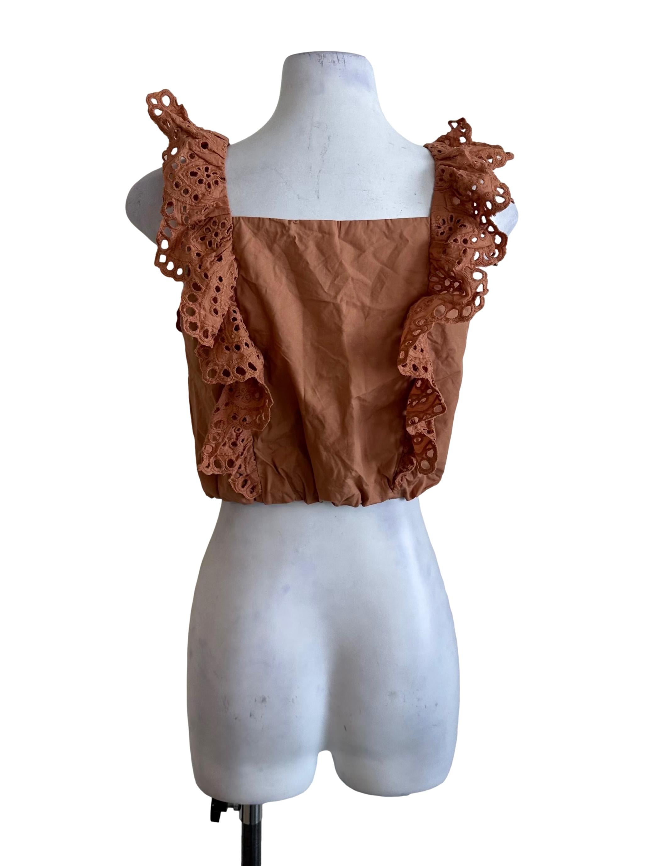 Caramel Brown Square Neck Eyelet Embroidery Top TCL