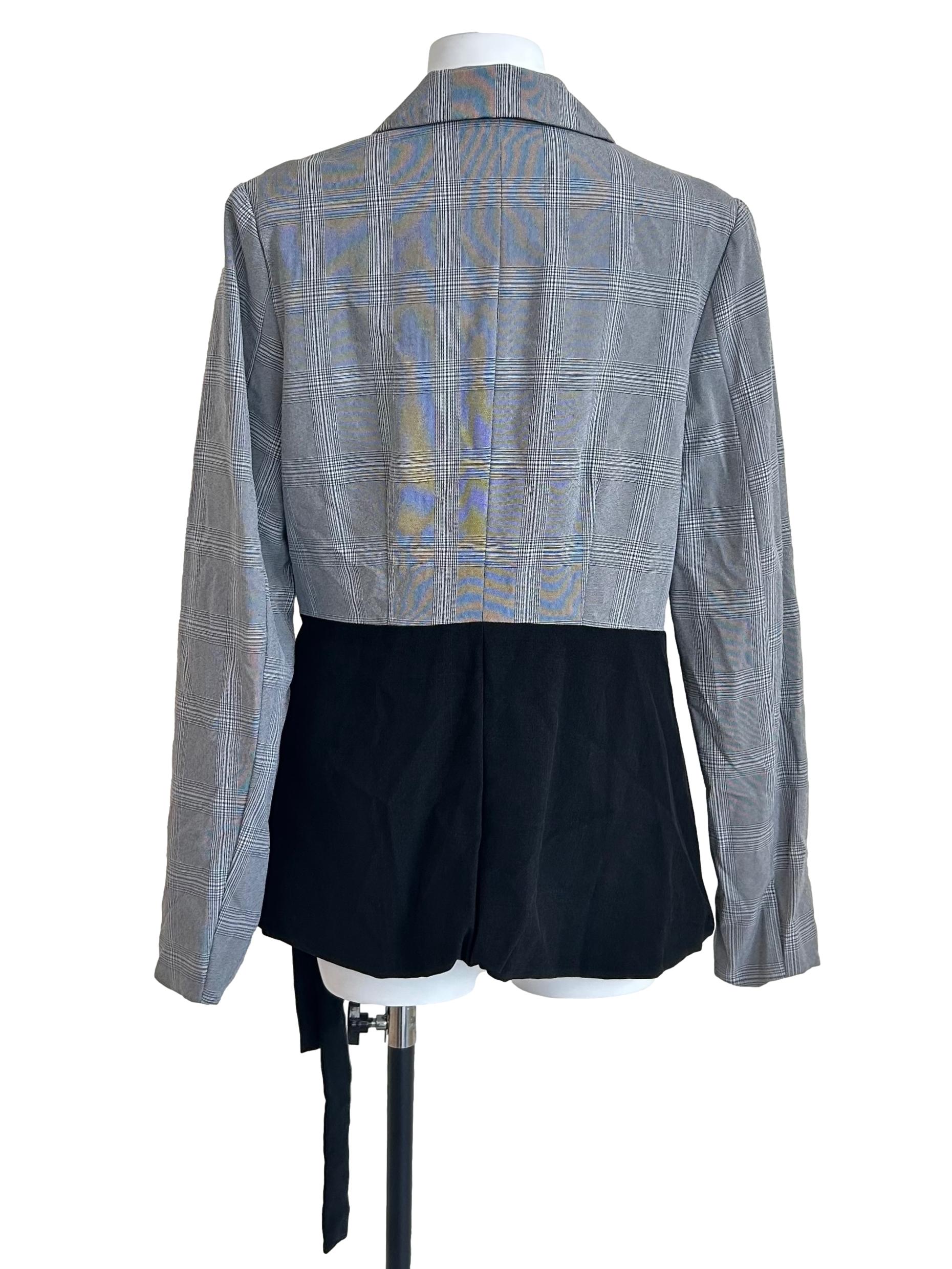 Grey & Black Colour-block Plaid Blazer