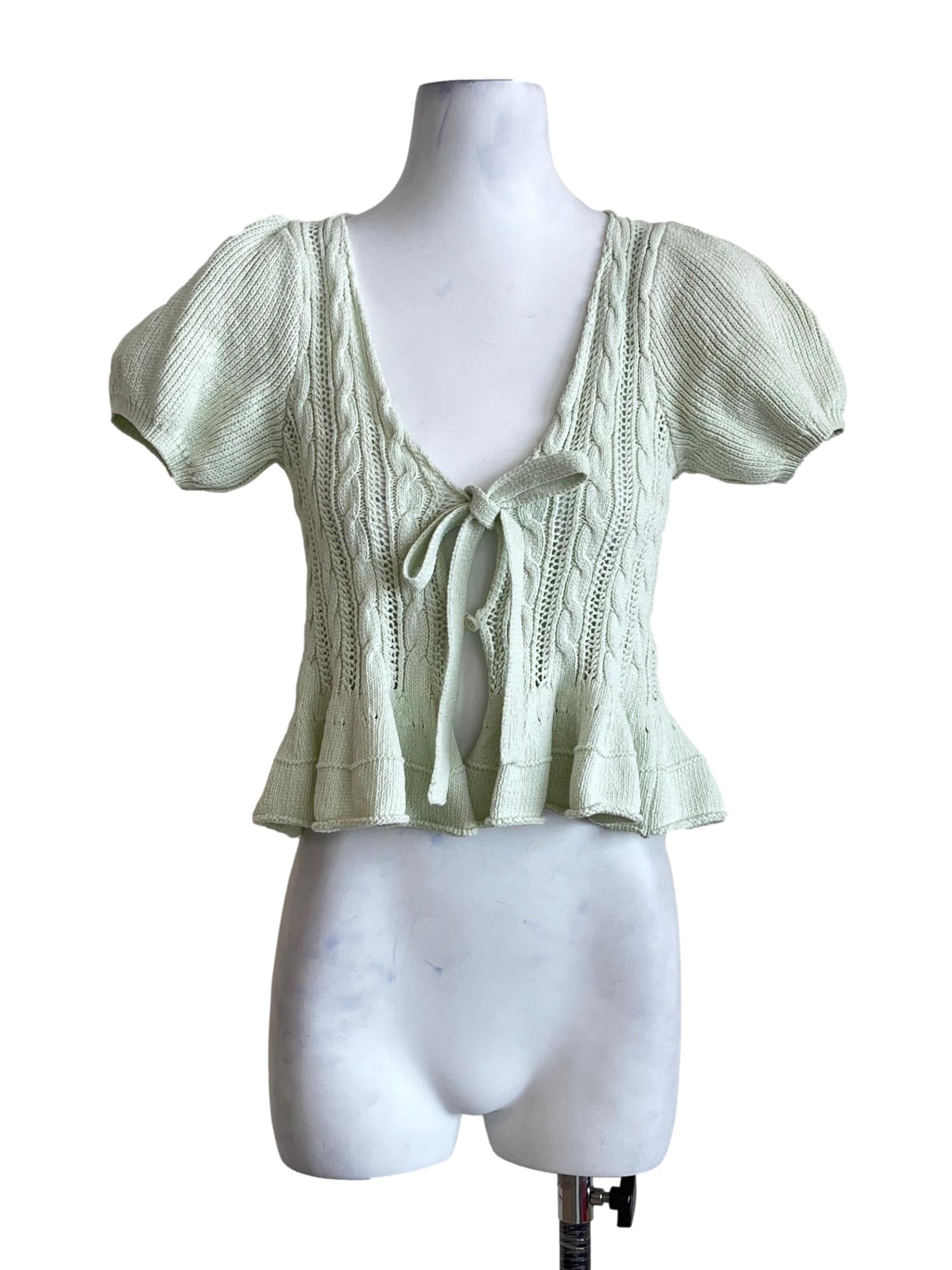 Pistachio Green Tie Front Puff Sleeve Crochet Top