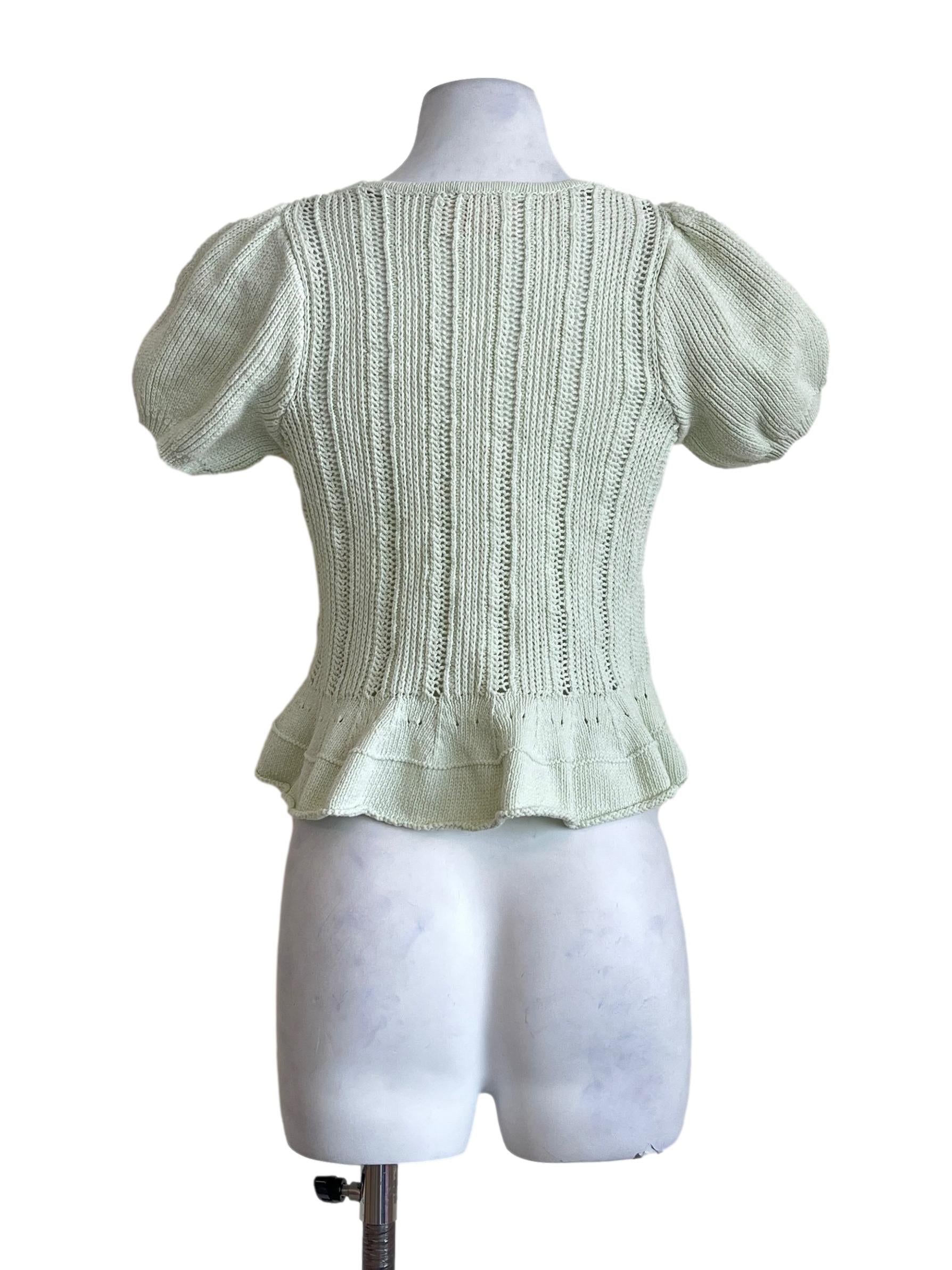 Pistachio Green Tie Front Puff Sleeve Crochet Top