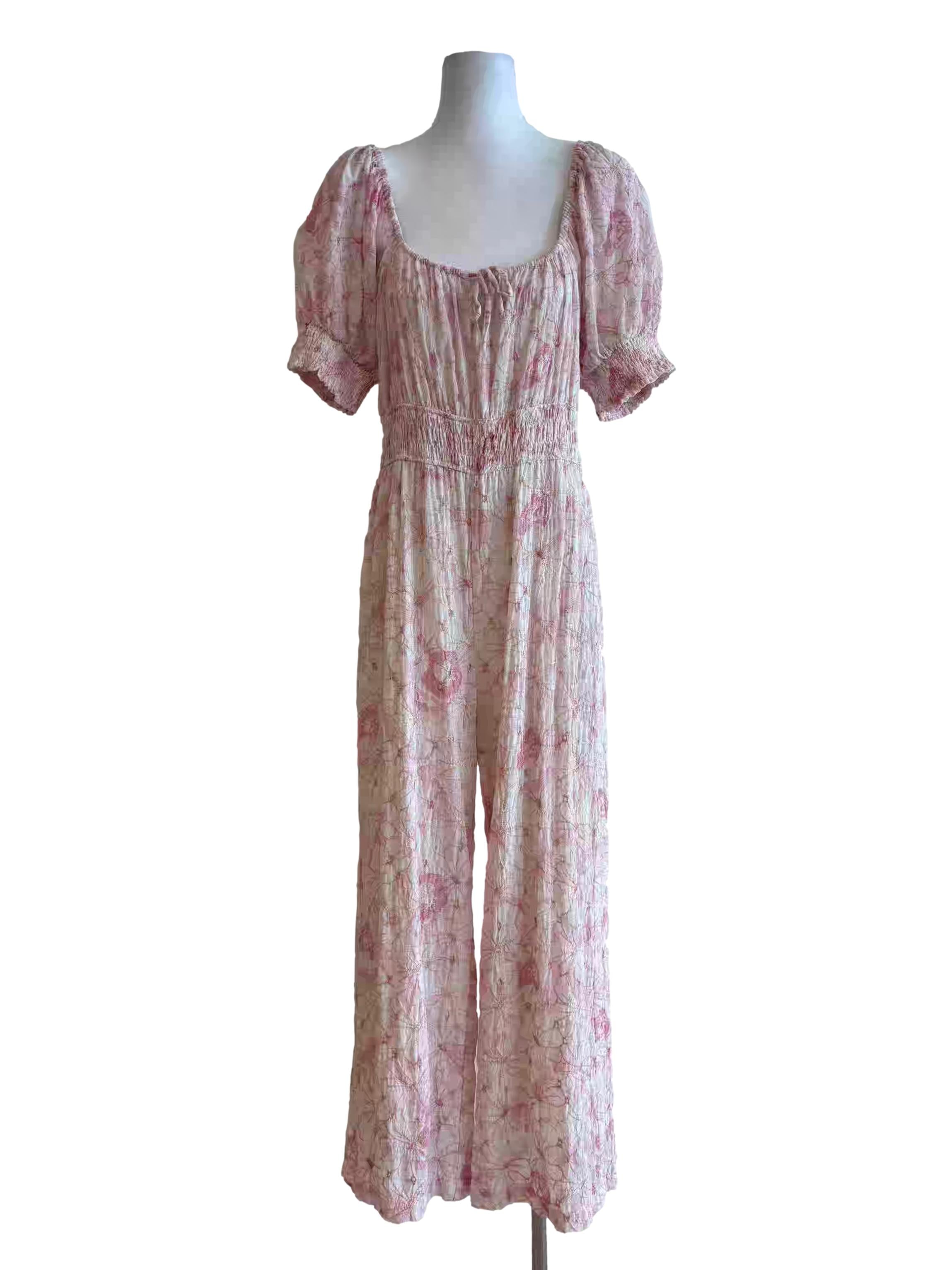 Baby Pink Floral Puff Sleeve Jumpsuit