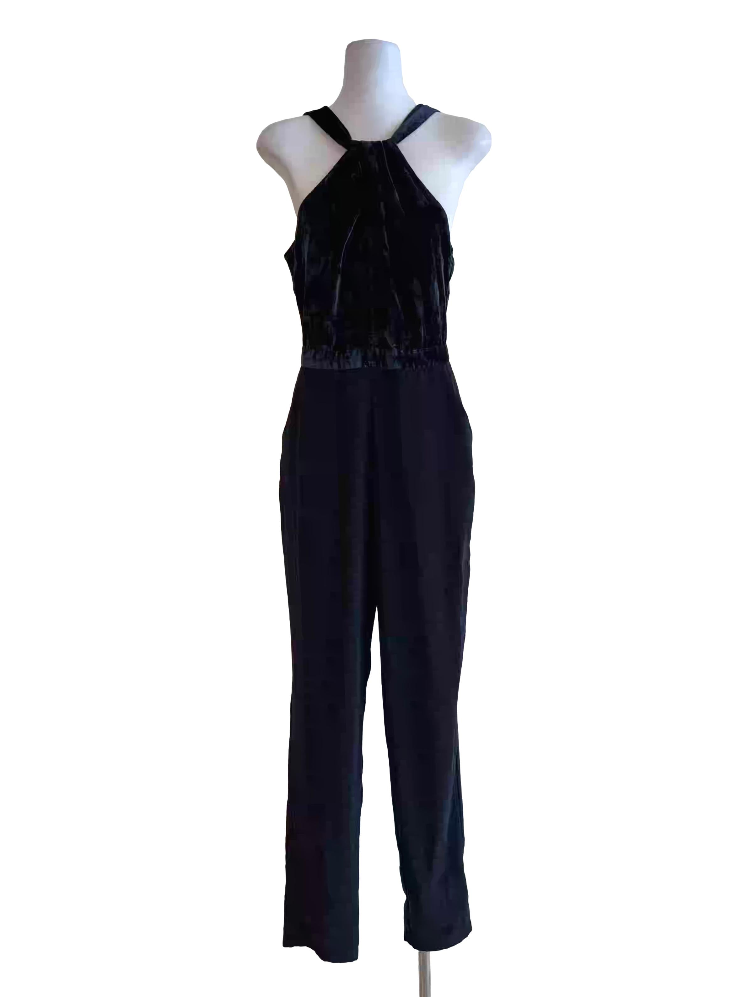 Blue Black Velvet Halter Jumpsuit